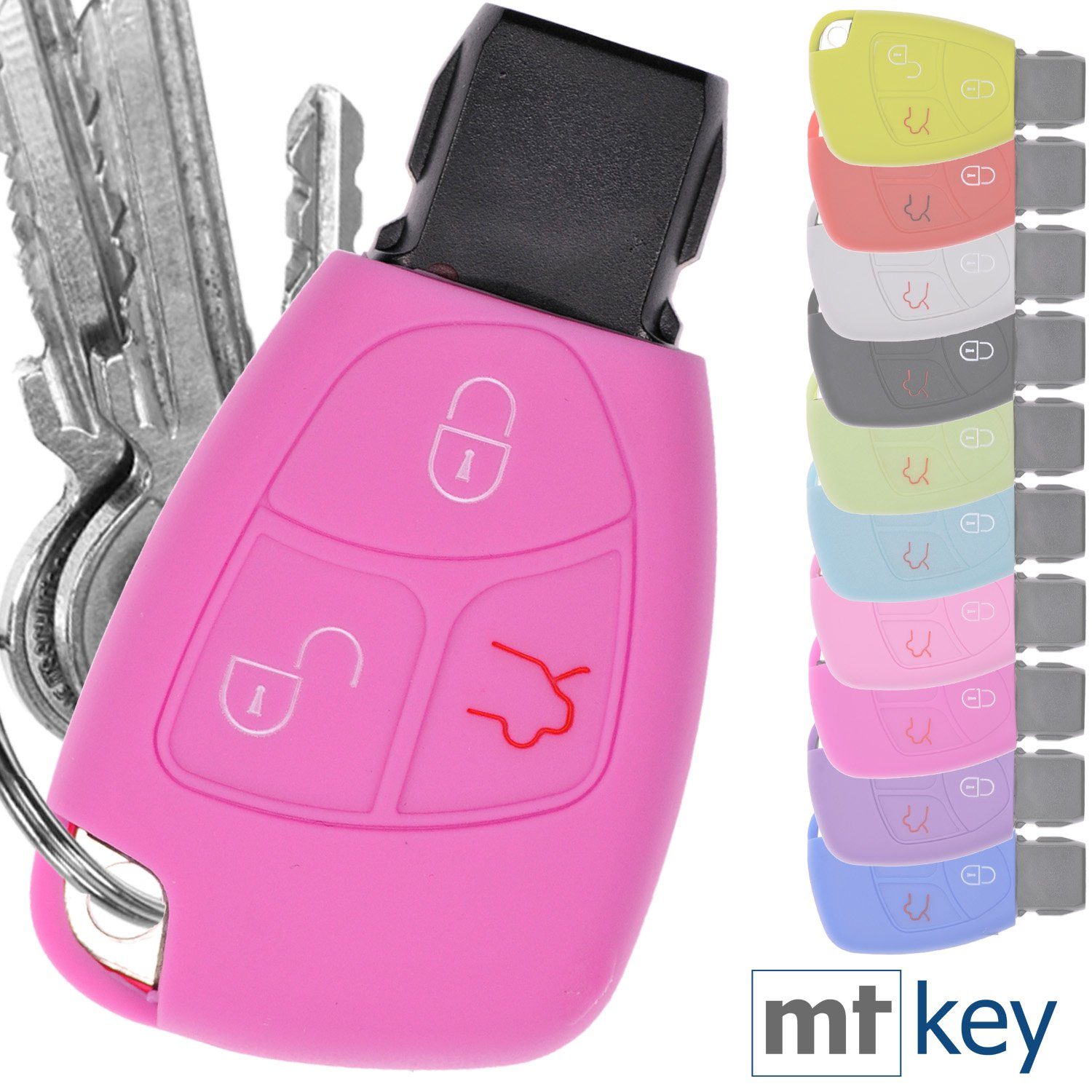 mt-key Schlüsseltasche Autoschlüssel Softcase Silikon Schutzhülle Rosa, für Mercedes Benz W204 W245 S203 A209 C-Klasse CLK SLK W211 W203 W177