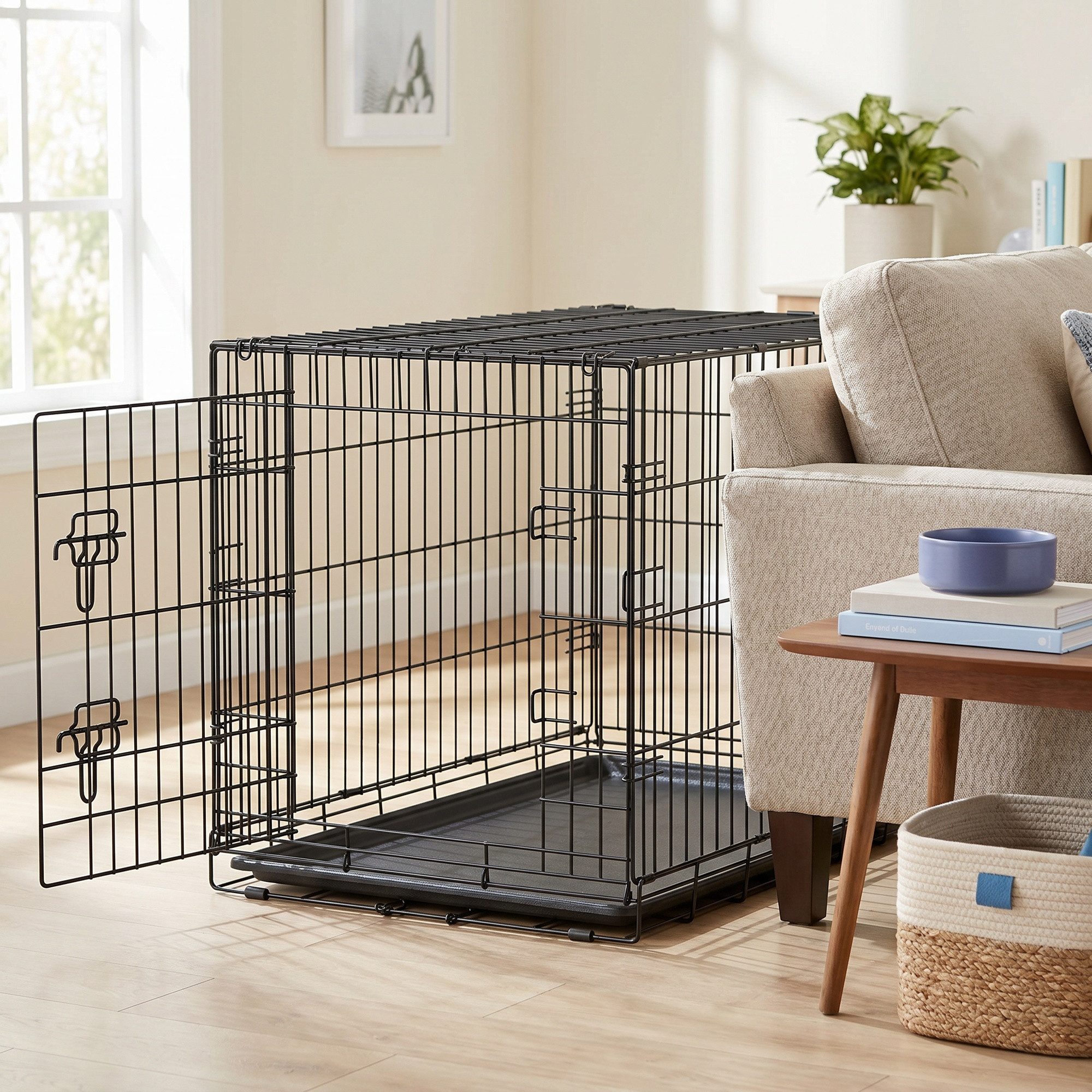 FEANDREA Tiertransportbox Faltbarer Hundekäfig mit Tür und Kunststoffschale, für mittelgroße Hunde von 10 bis 25 kg, 92,5 x 58,2 x 63,4 cm