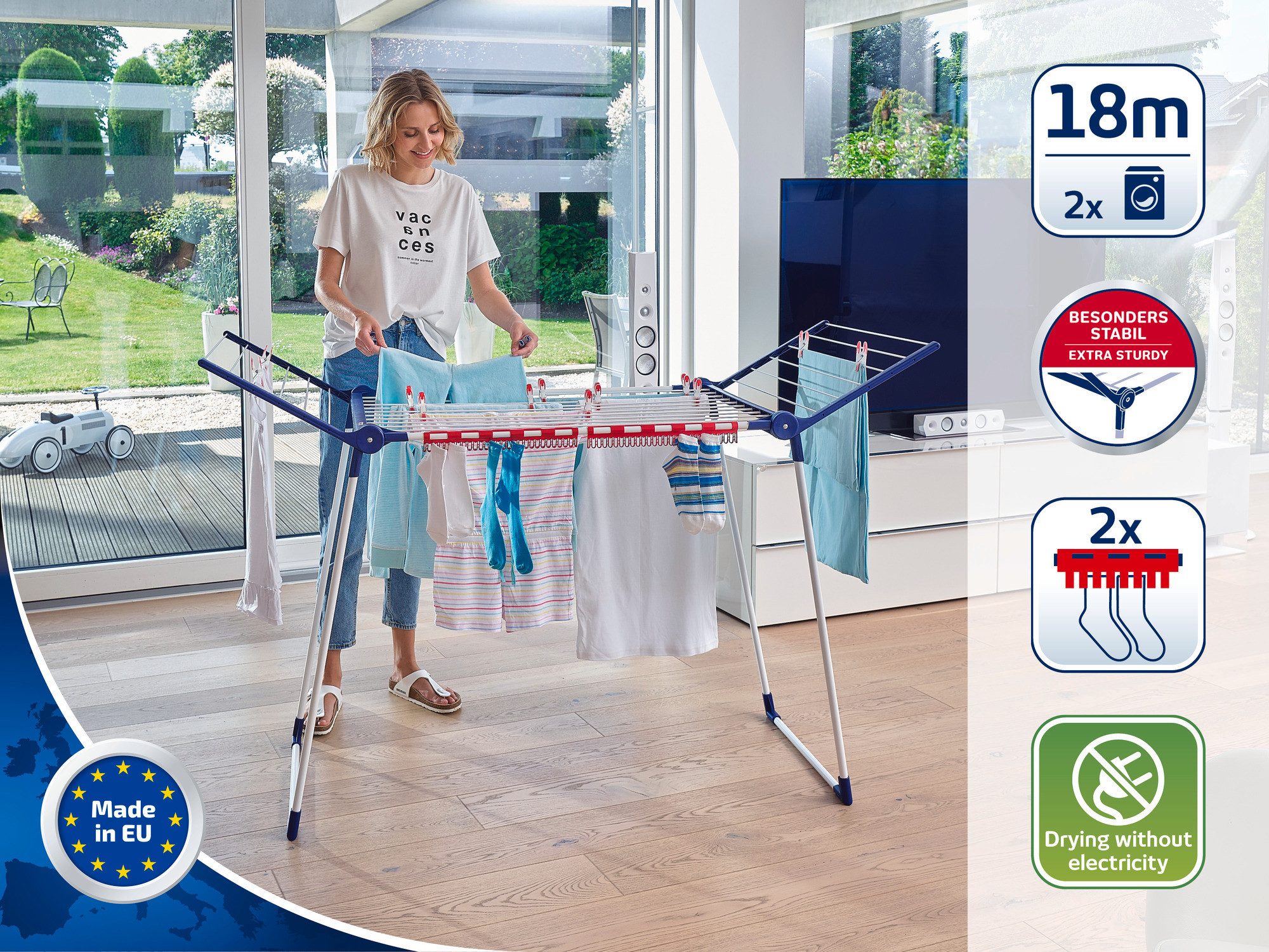 Leifheit Wäscheständer Standtrockner Pegasus 180 Solid, 18m Trockenlänge, 105cm Flügelhöhe, Kleinteilehalter, stabiler Stand