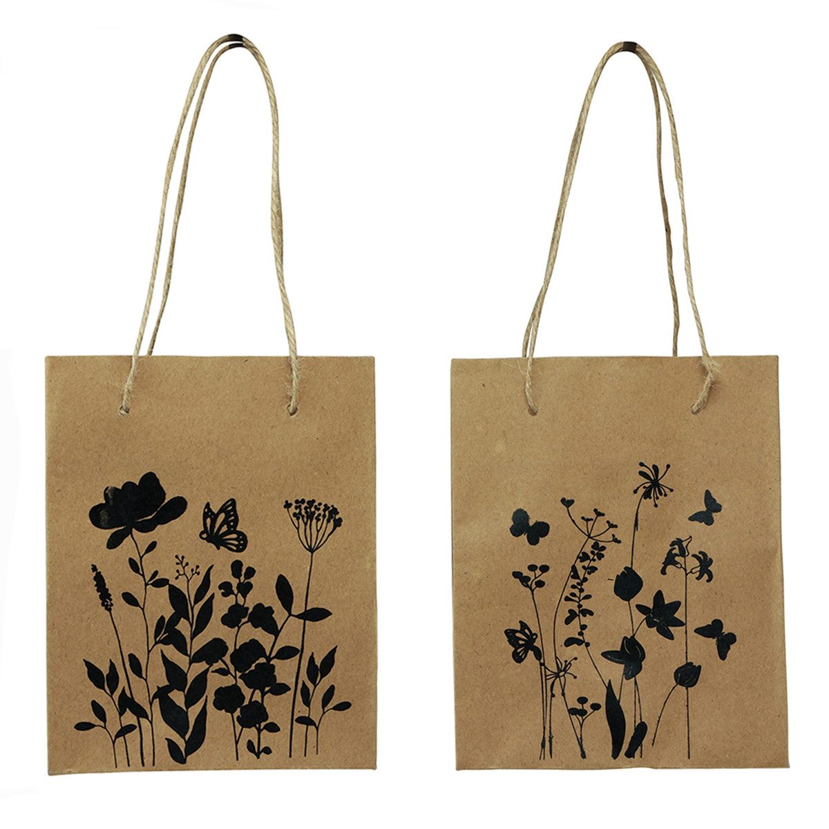 Tragetasche Geschenktüten Papier Henkel Natur Schwarz Blumen 12×15cm 6er Set