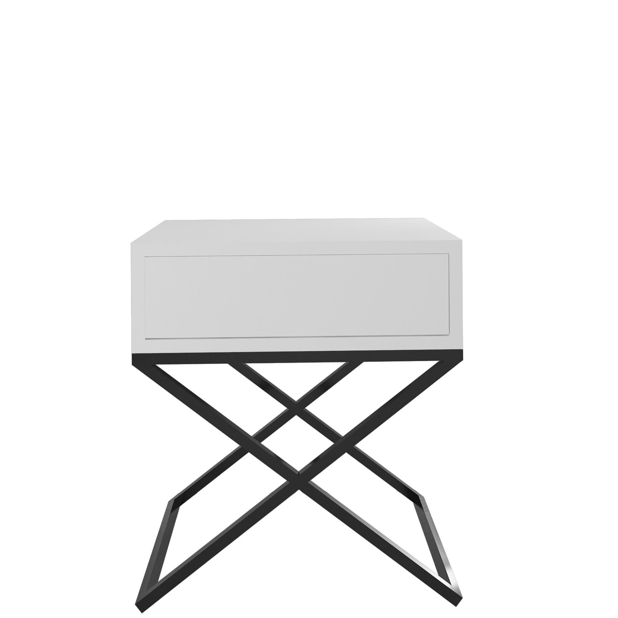 Beautysofa Nachttisch Max im kleine Metallgestell, (inkl. Tisch x x-förmigen Schublade, Deisgn H für | 50 (B modernes Schwarz Schlafzimmer Weiß T), 45 35 x x cm x