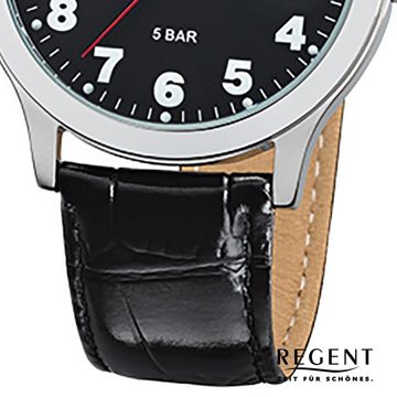 Regent Quarzuhr Regent Herren-Armbanduhr schwarz Analog, Herren Armbanduhr rund, mittel (ca. 39mm), Lederarmband
