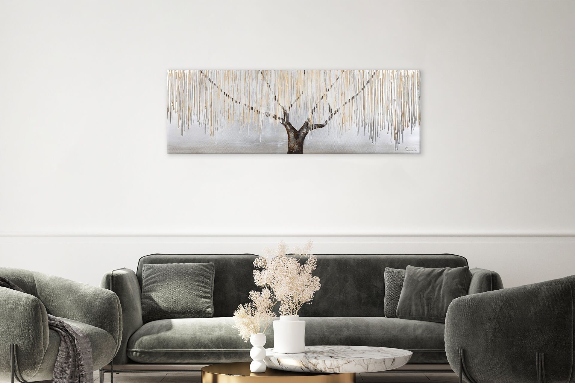 Leinwandbild Wohnzimmer 100% Wandbild Trauerweide HANDGEMALT cm, im Nebel Gemälde 150x50 KUNSTLOFT