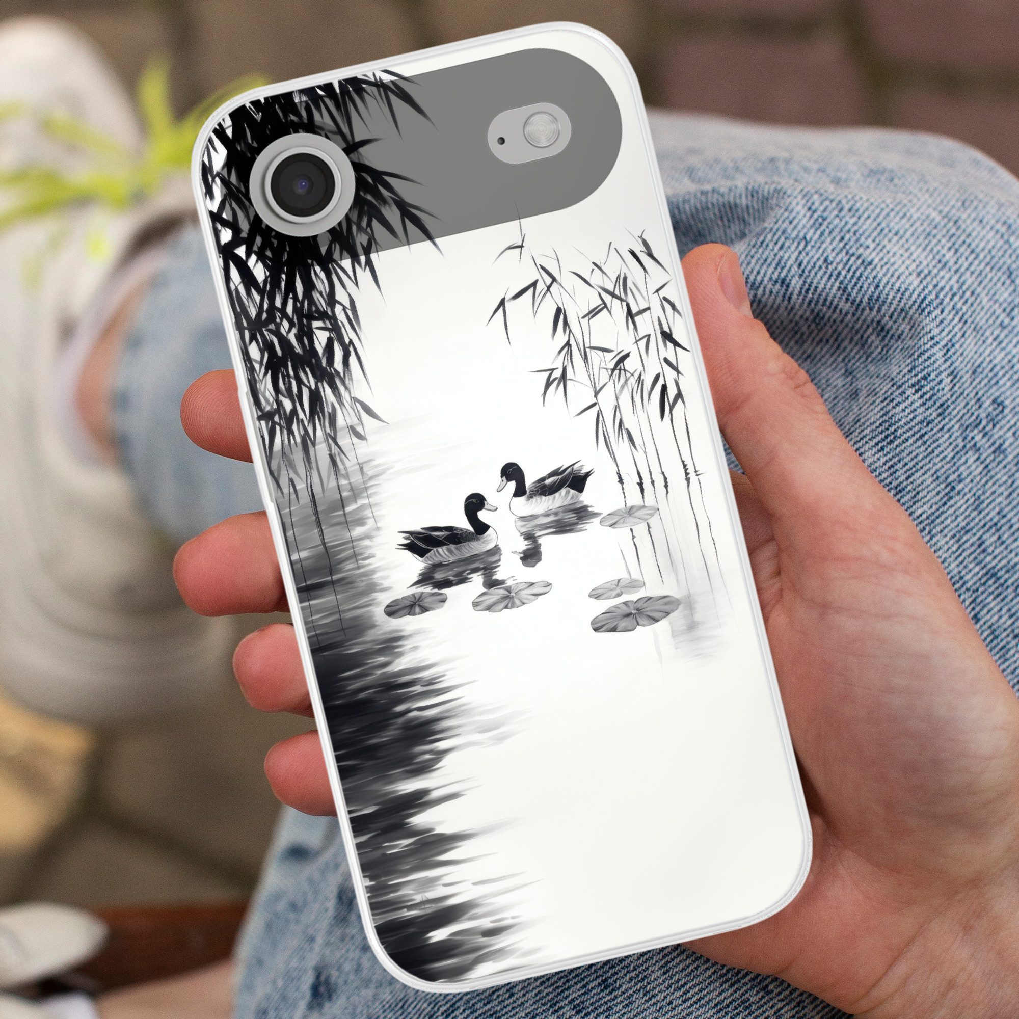 MuchoWow Handyhülle für Apple iPhone Air Enten - Seerosen - Schilf - Schwarz, Smartphone-Bumper, Print, Handy Schutzhülle Dünn