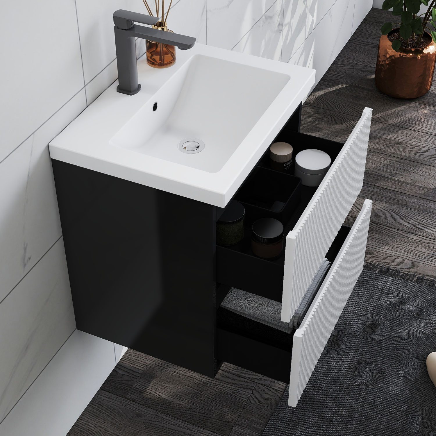 duschspa Waschtisch Waschbecken mit Unterschrank Badmöbel Set Hängeschrank, Weiß/Schwarz, 50-120 cm – Bild 2 von 5