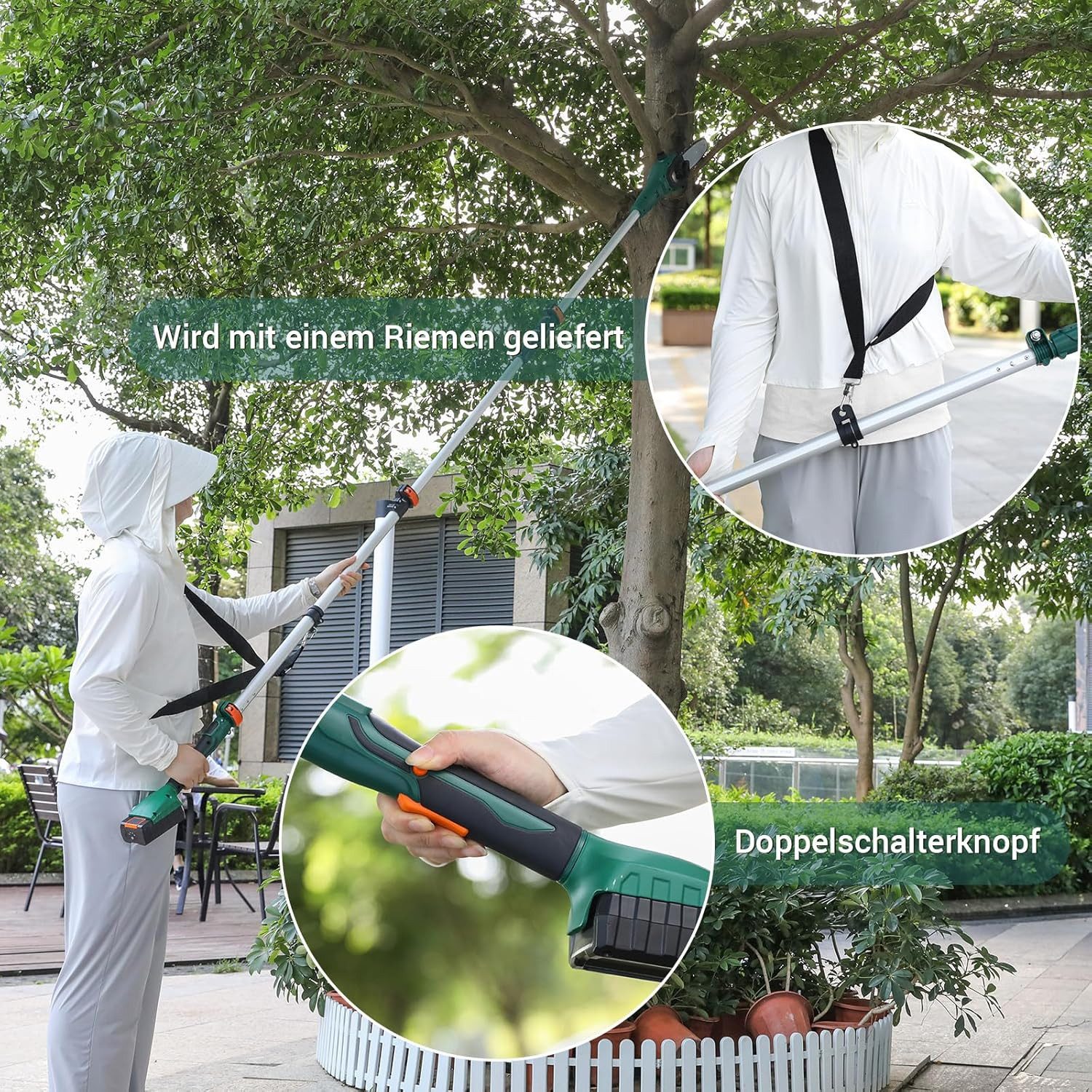 TLGREEN Akku-Hochentaster Elektro Hochentaster,6 m/s Kettengeschwindigkeit, bis 3,00 m Arbeitshöhe, mit Schnelles Ladegerät