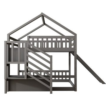 Ulife Hausbett Etagenbett Kinderbett mit Stauraumtreppe und Rutsche, 140x200cm, Kinderbett mit Geländer