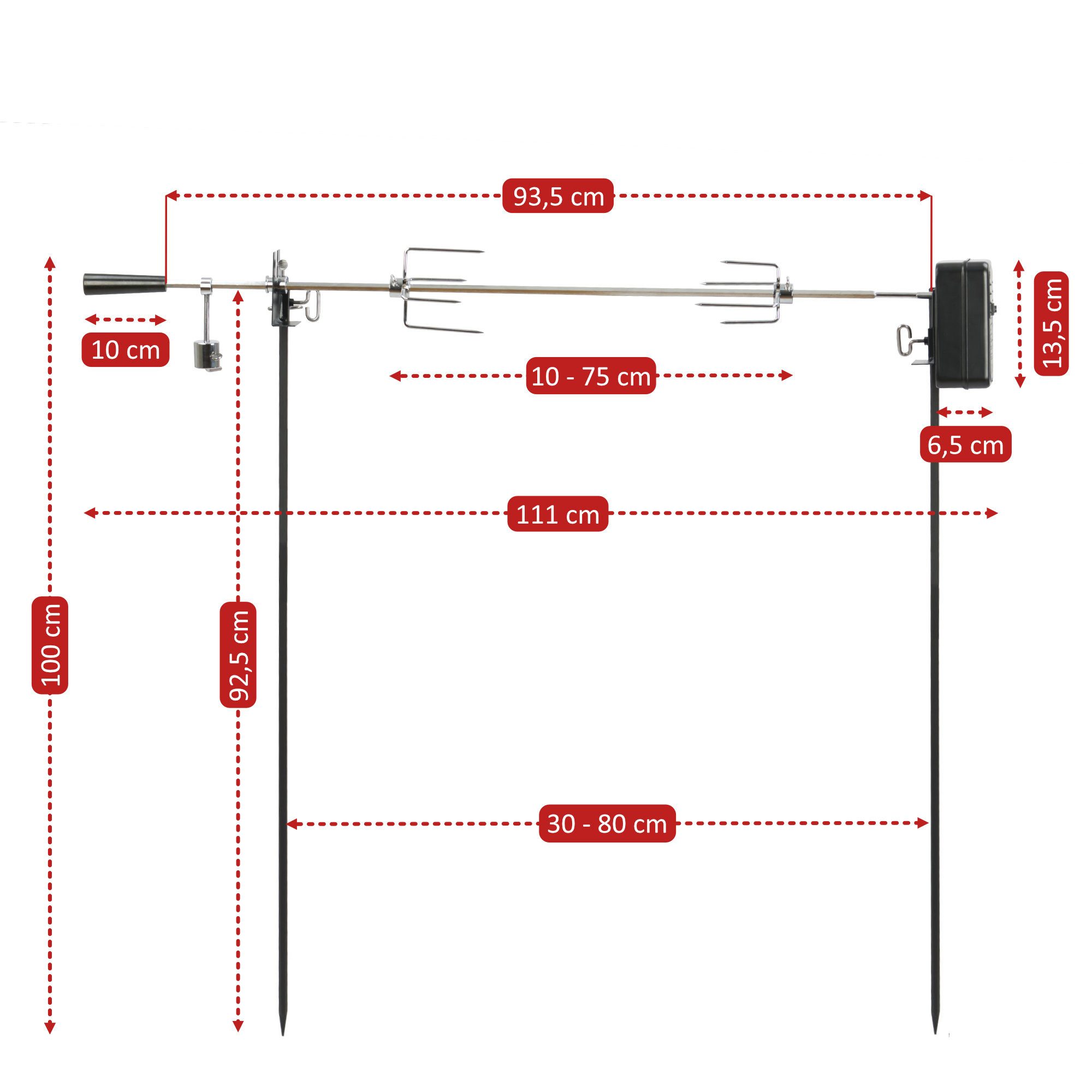 BBQ-Toro Lagerfeuer-Grillspieß Grillspieß Set 93,5 cm, 2 Fleischnadeln, Grillspieß mit Motor, Hähnche, Batterien nicht im Lieferumfang enthalten