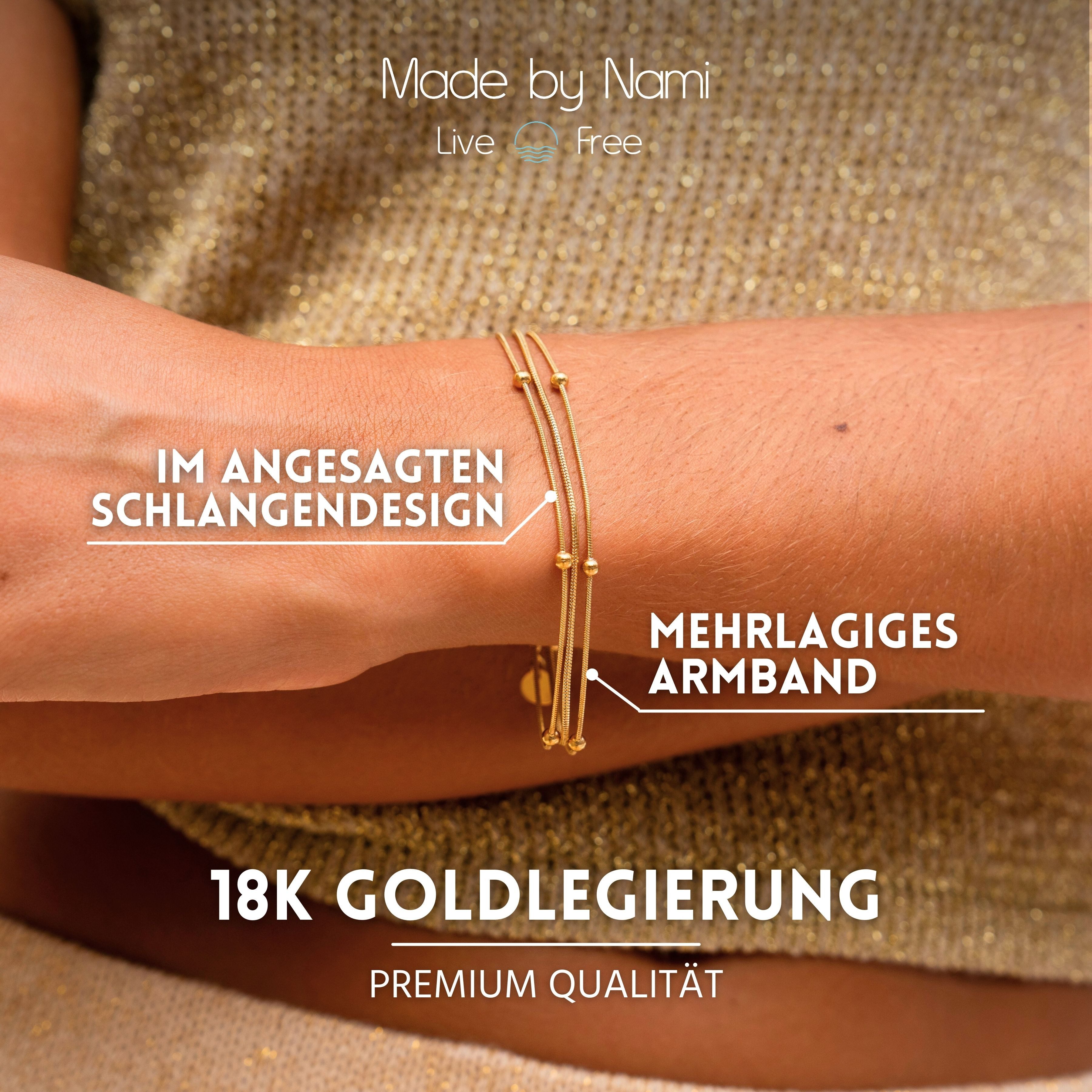 Made by Nami Edelstahlarmband Mehrreihig in Silber oder Gold aus Chirurgischem Edelstahl 16 + 3 cm, Perlenarmband Damen Hypoallergen Wasserfester Schmuck