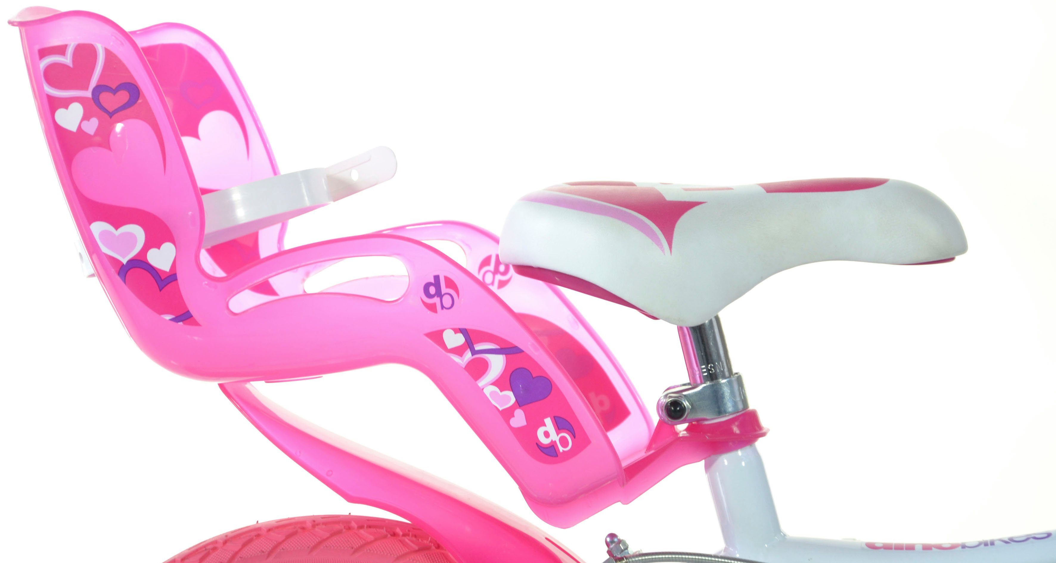 Dino Bikes Kinderfahrrad 16" Little Heart Kinderfahrrad Mädchen 4–7 Jahre Stützräder, 1 Gang, mit Stützrädern, Korb und Puppensitz