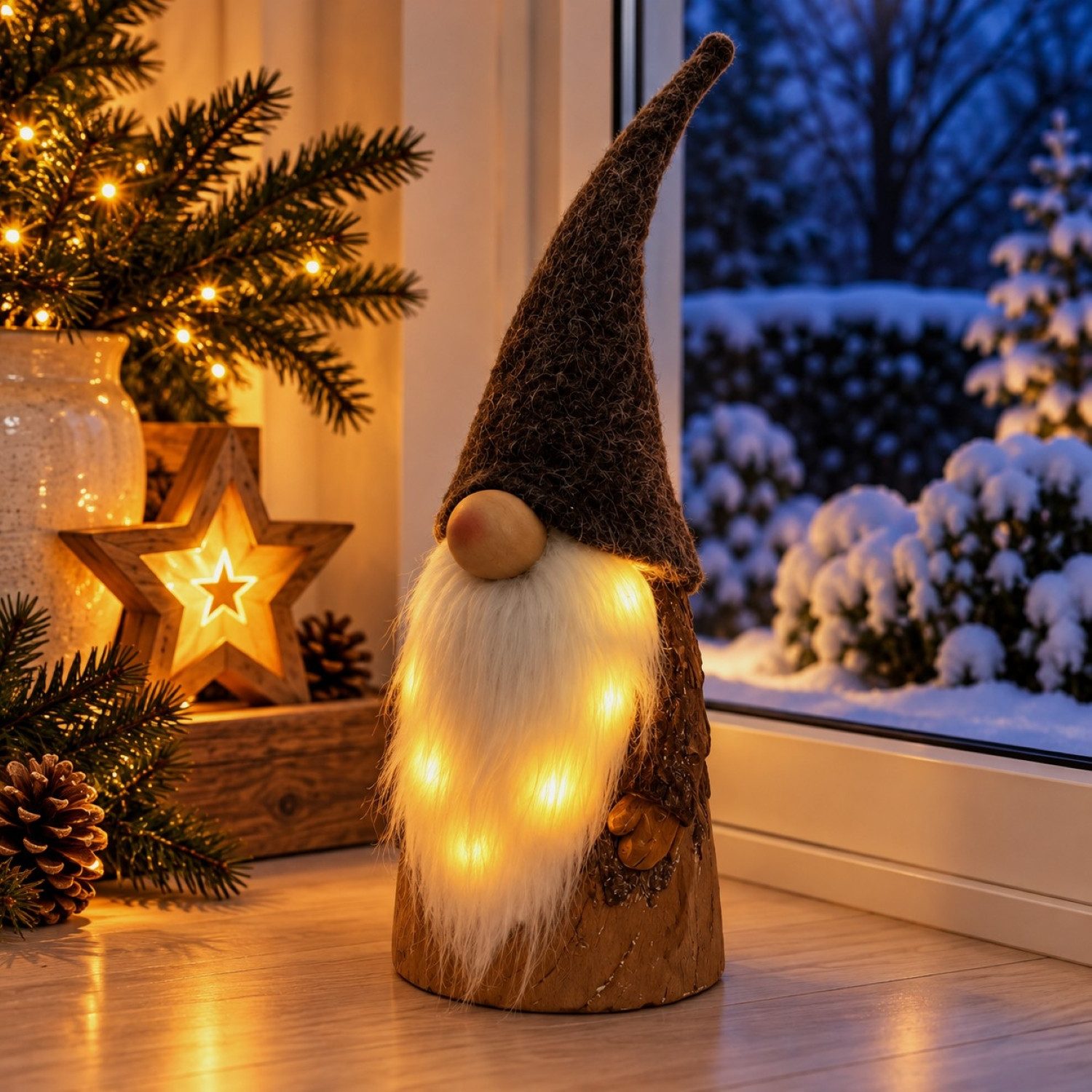 Online-Fuchs Dekofigur große Wichtel, Zwerge im Holzdesign - Deko Winter & Weihnachten innen (mit flauschigen Bärten und Knollennasen, …