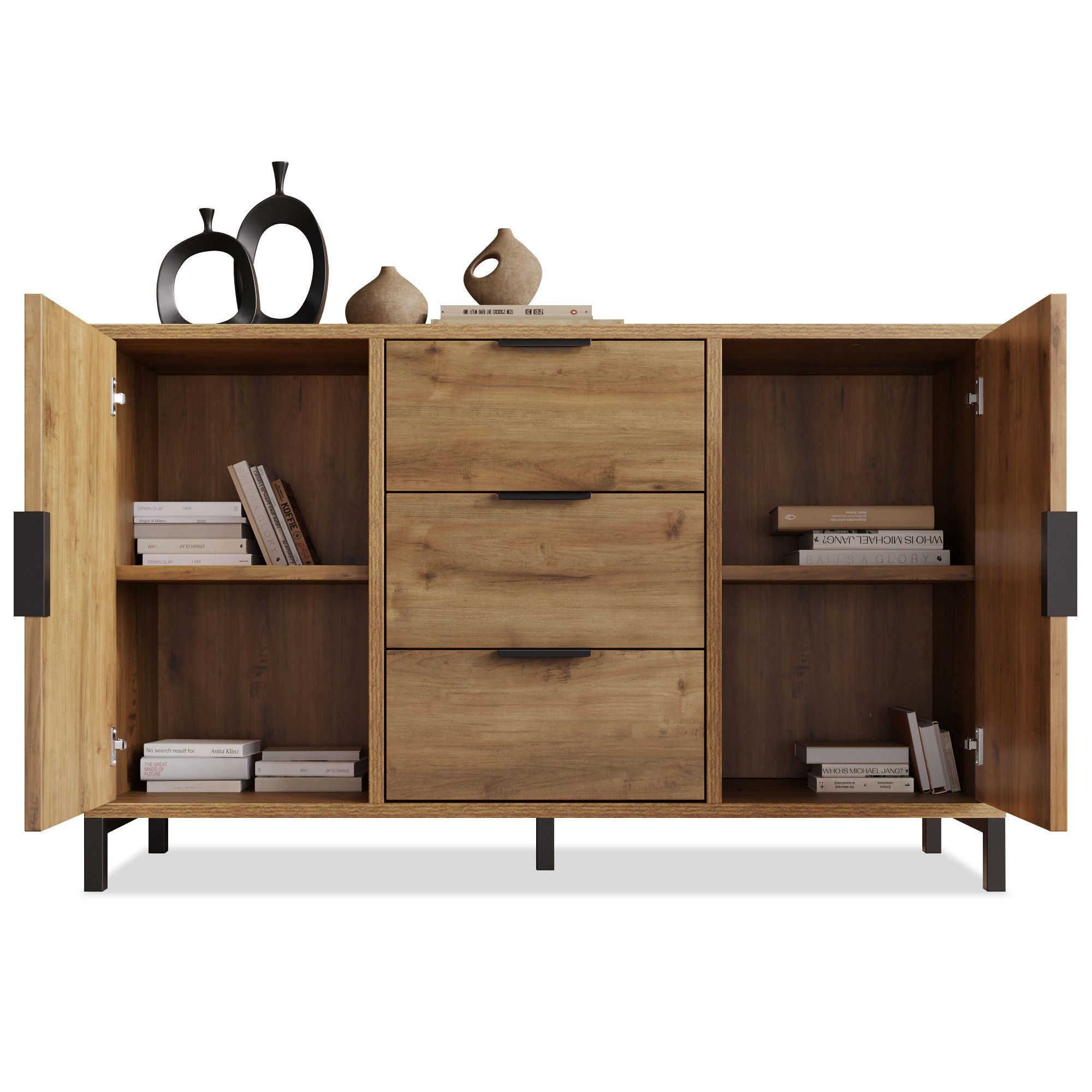 MODFU Kommode Sideboard (Sideboard Schrank mit 3 Schubladen und 2 Türen), Für Wohnzimmer