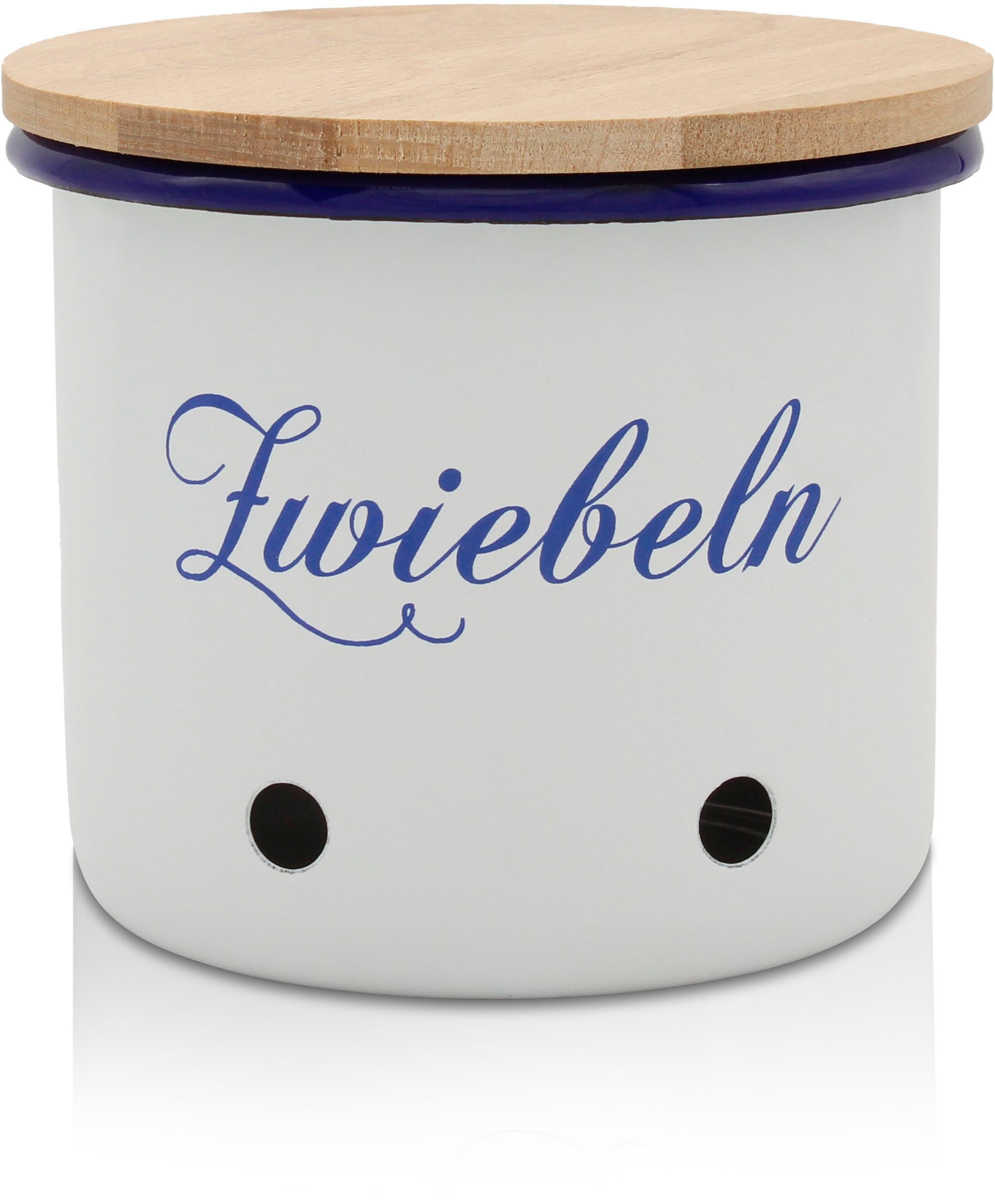 Krüger Vorratsdose Emaille Vorratsdose Husum für Zwiebeln mit Holzdeckel, 12 cm, Emaille, (1-tlg), schnitt-/kratzfeste Oberfläche, Bakterienabweisend, extrem langlebig