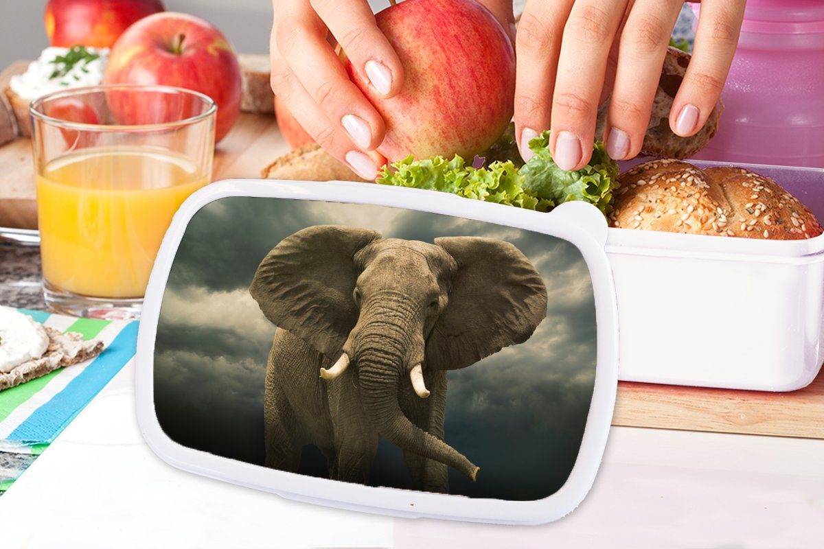 Brotdose, Brotbox weiß Lunchbox Kinder Mädchen Jungs Elefant (2-tlg), für und Wolken, dunklen die MuchoWow und Afrikanischer für gegen Erwachsene, Kunststoff,