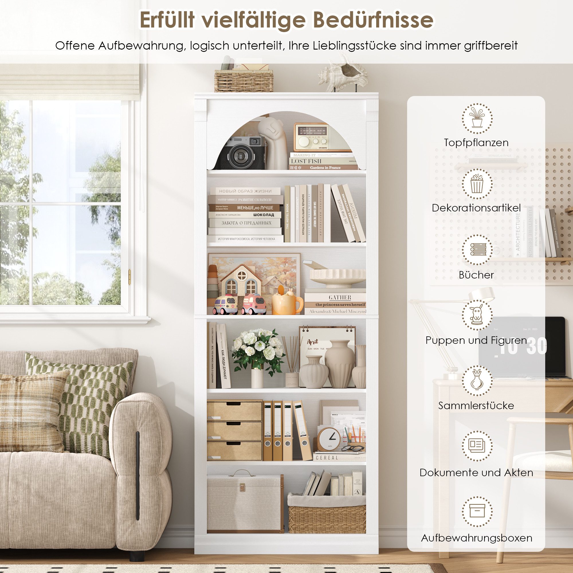 Homfa Bücherregal gewölbtes Bücherschrank, Standregal mit 6 Fächern 75x28x186cm Weiß – Bild 4 von 5