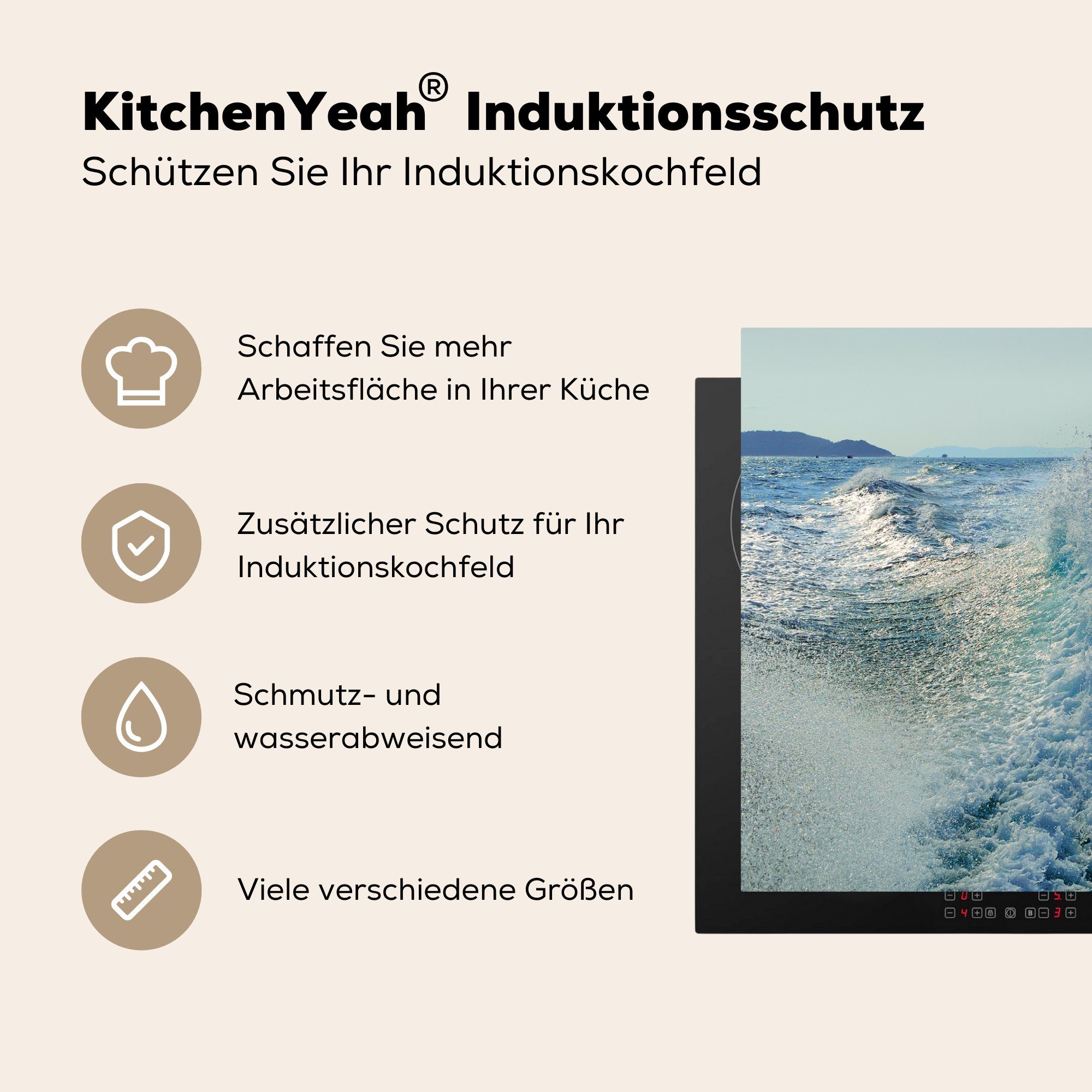 küche, cm, blauen MuchoWow im Induktionskochfeld 81x52 Wellen (1 die Ceranfeldabdeckung tlg), Vinyl, Schutz Meer, Herdblende-/Abdeckplatte für