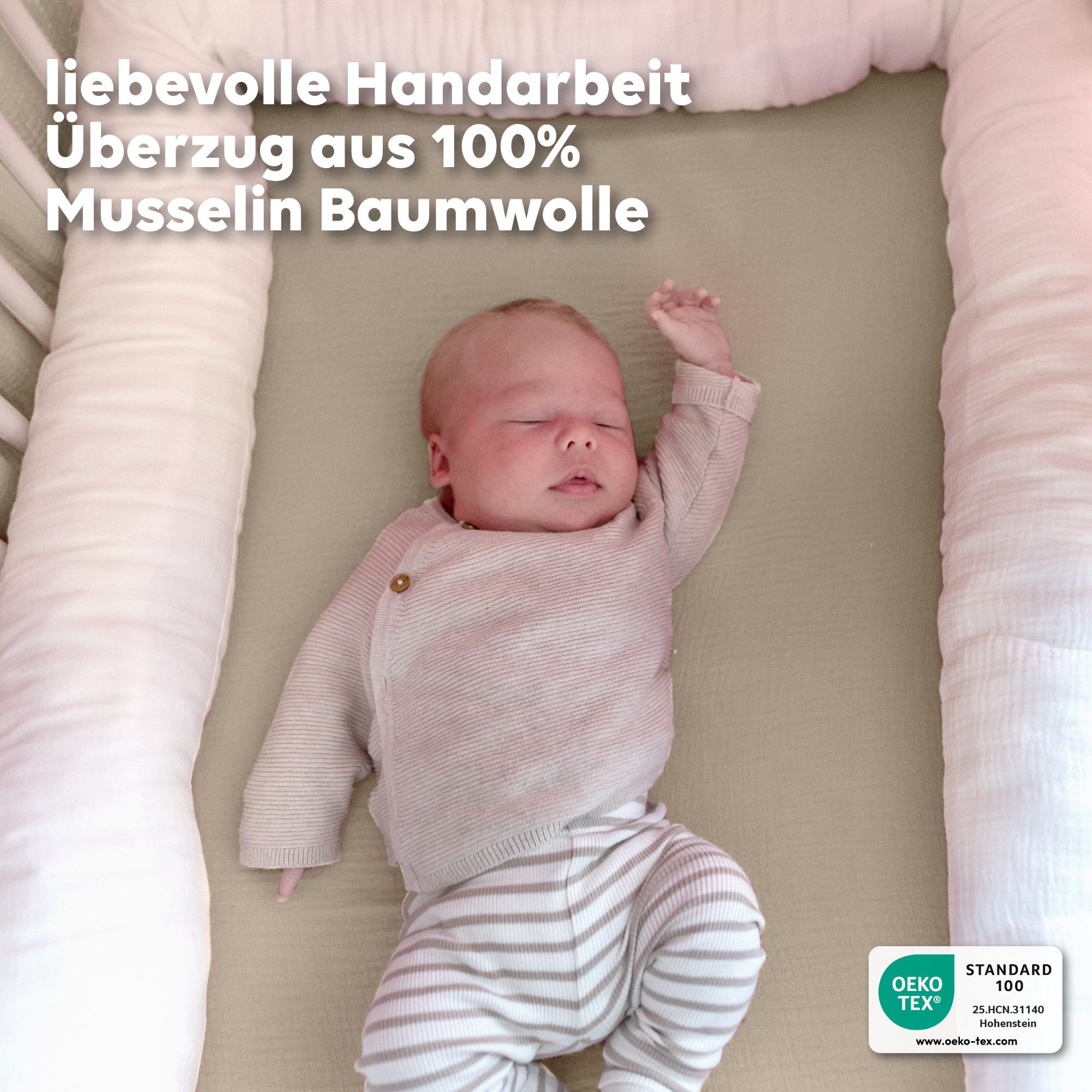 lilimaus Nestchenschlange Bettschlange für Babybett aus Musselin - 200, 300 & 400 cm, (1-tlg), Randschutz & Kuschelrolle mit Befestigungs-Schlaufen - Ø ca. 10-12 cm