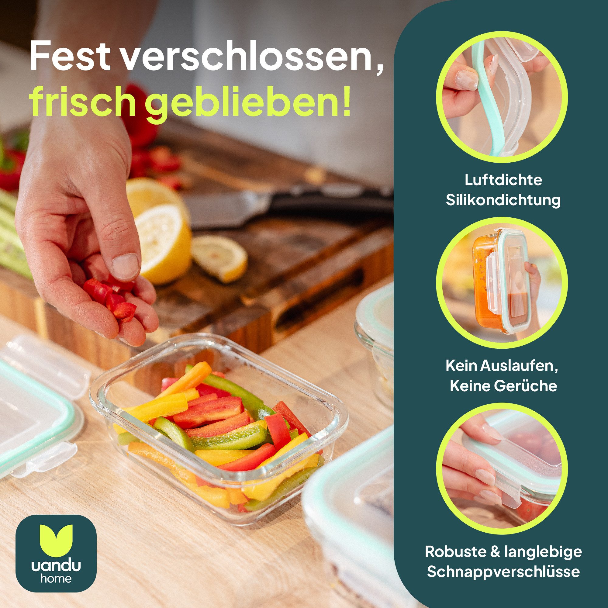 uandu home Frischhaltedose Glasbehälter mit Deckel, Frischhaltedosen Glas mit Deckel, (glasdosen mit deckel set, glas tupper mit deckel, glass food container, f – Bild 3 von 5