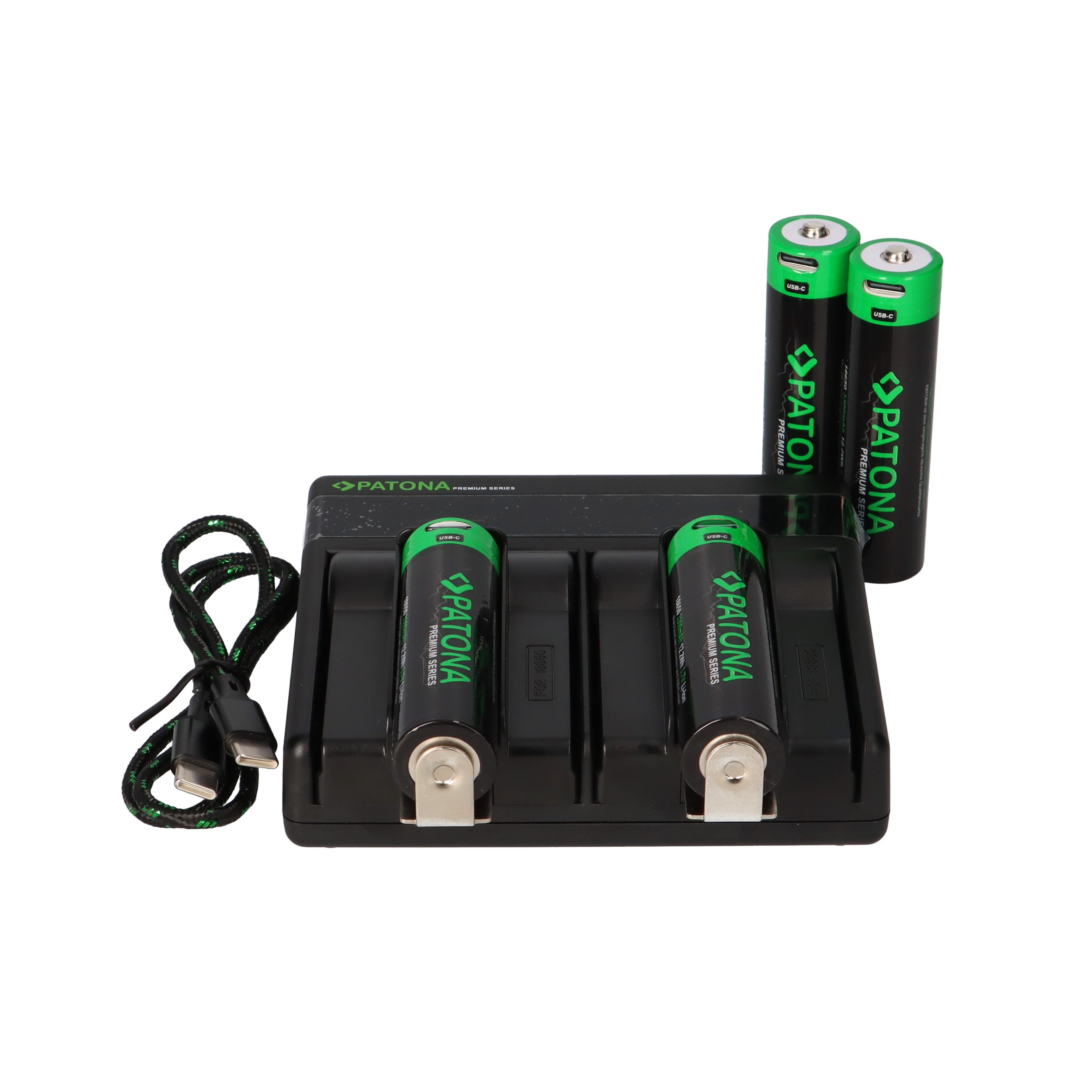 Patona Dual PD Performance Ladegerät + 4 Premium 18650 Zellen + USB-C Input Akku