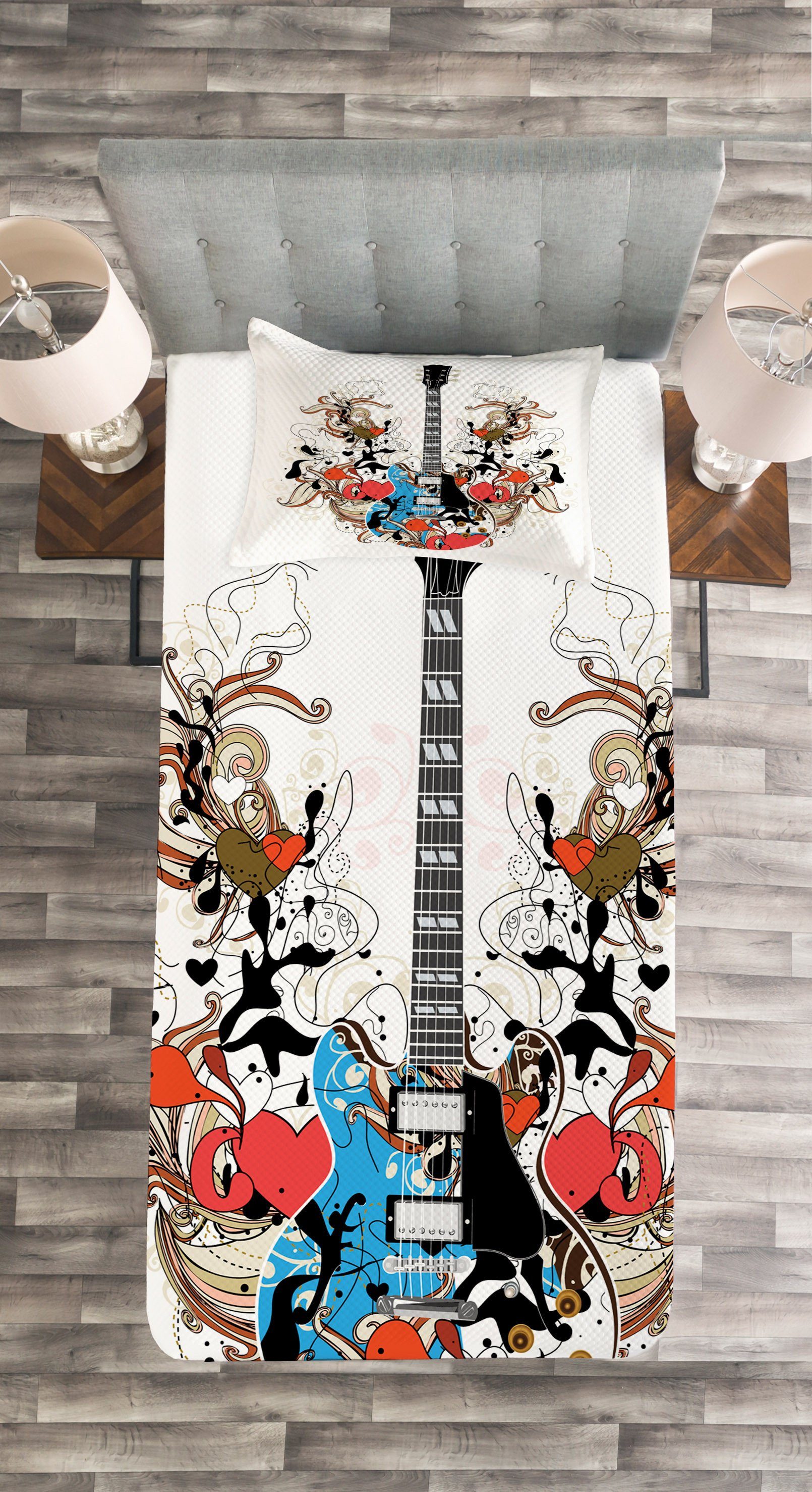 Tagesdecke Set mit Kissenbezügen Flourishes Abakuhaus, von Waschbar, Curls Kunstwerk Gitarre