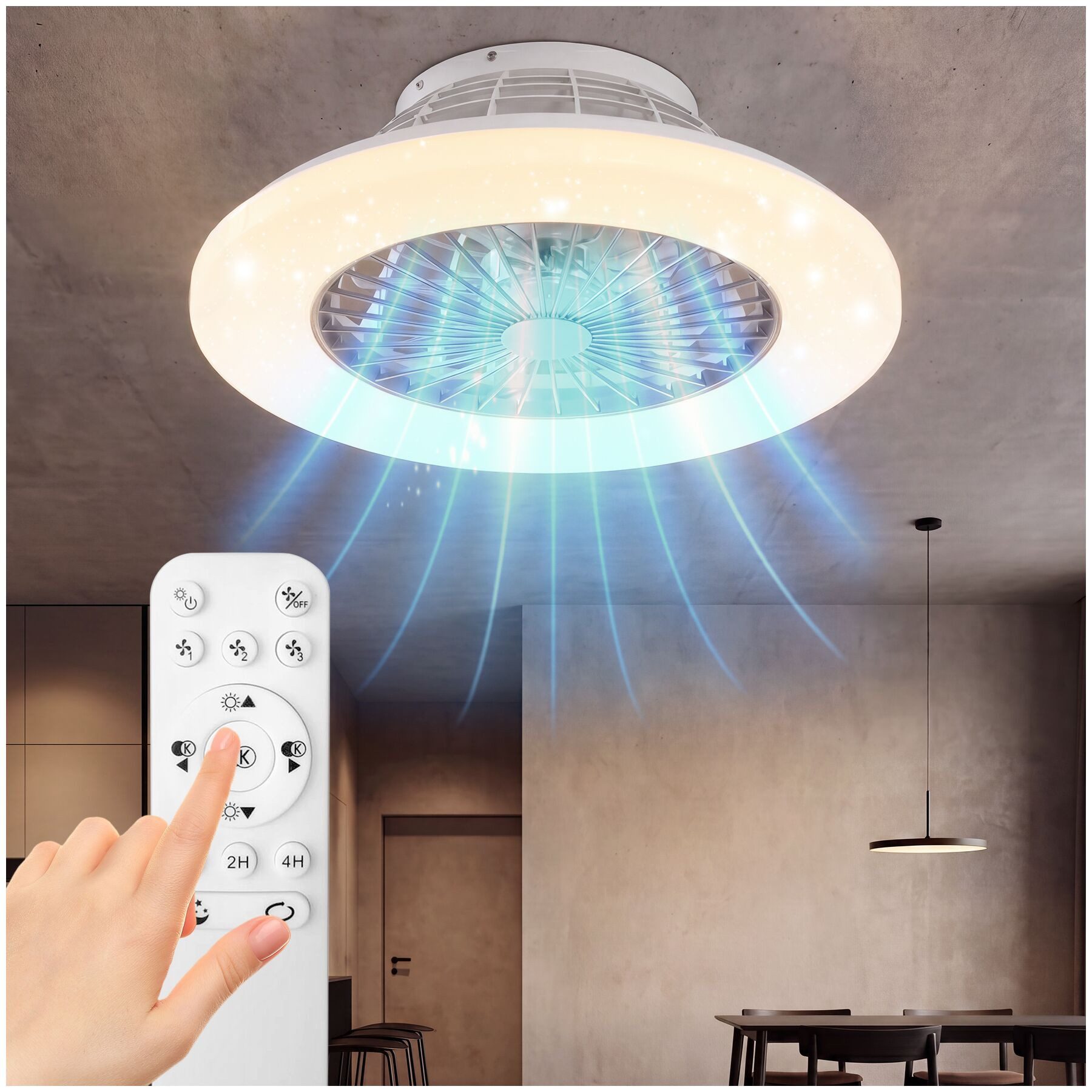 tectake Deckenleuchten LED Deckenventilator Ø 50 cm, dimmbar, 3000–6500 K, leise mit Timerfunktion und Fernbedienung, Rückwärtslauf, Inkl.