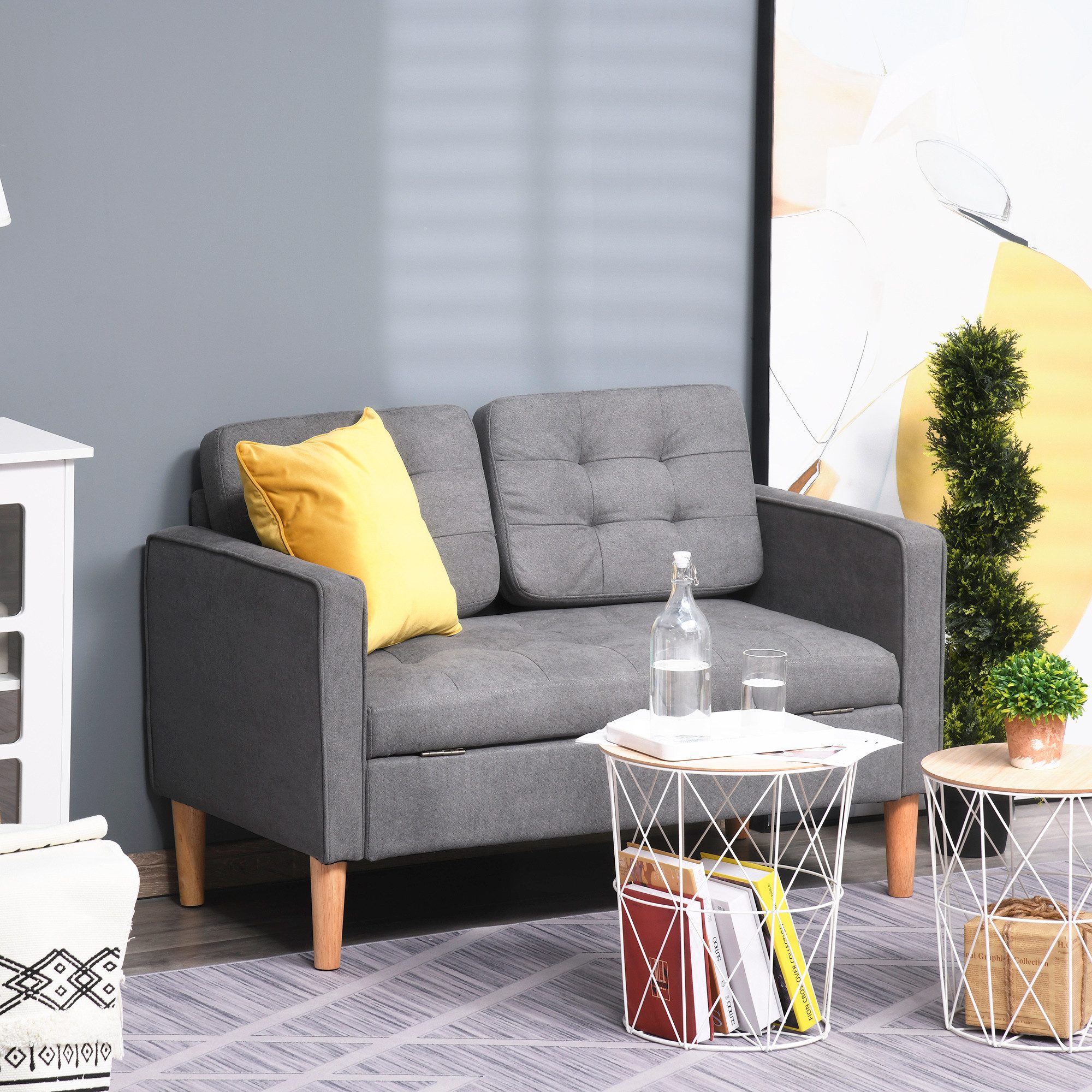 HOMCOM 2-Sitzer Couch mit Stauraum, Polstersofa mit Samtoptik, Zweisitzer Sessel 1 Teile, Baumwoll Grau 117 x 62 x 78 cm
