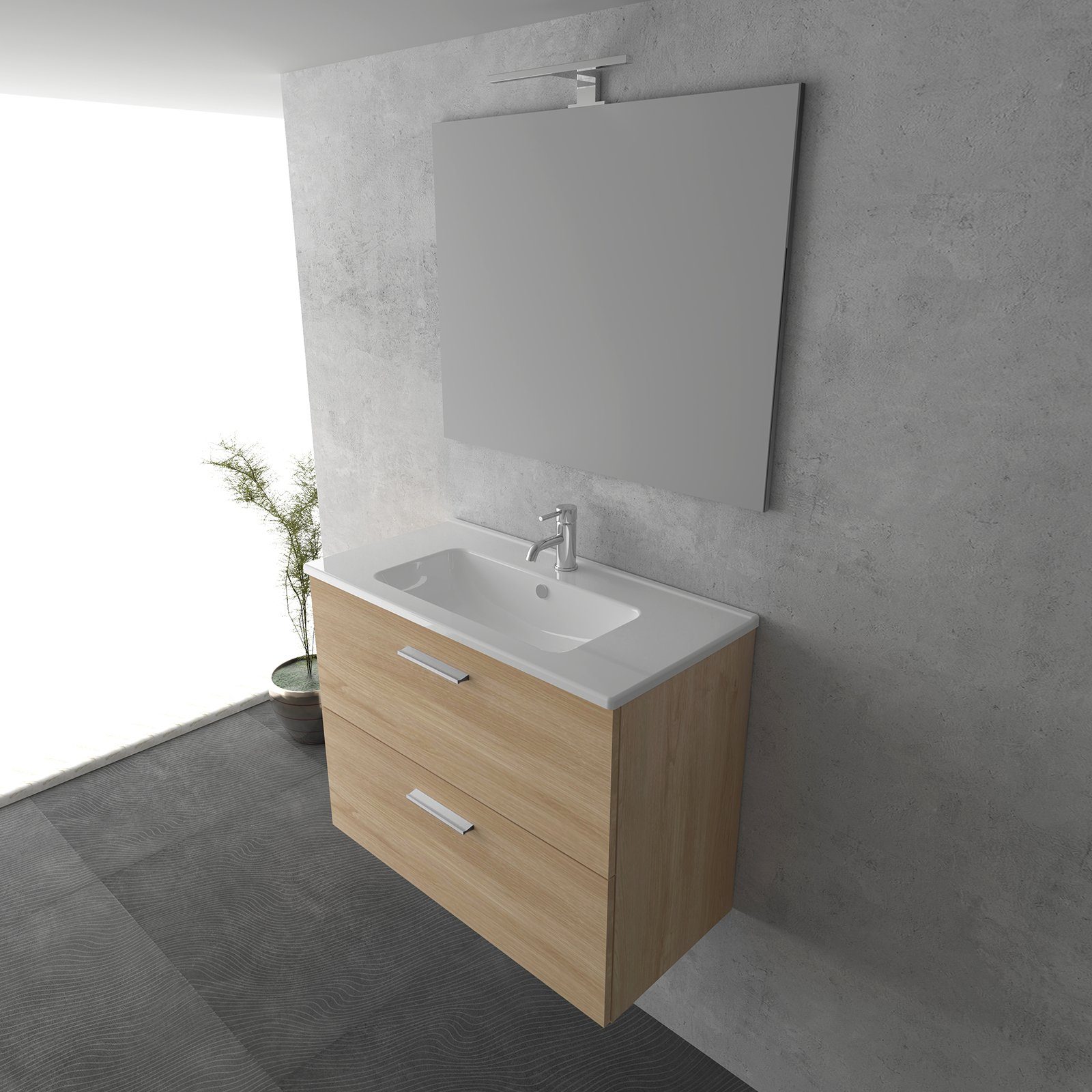 Vitra Badmöbel-Set - Waschbecken mit Unterschrank 80 cm Braun & Wandspiegel mit LED, (Badezimmermöbel Set 3 Teilig Vormontiert, 3-St., Keramik Waschbecken & Waschbeckenunterschrank & Spiegel), Badezimmer Set Möbel mit Badspiegel - Badschrank mit Softclose