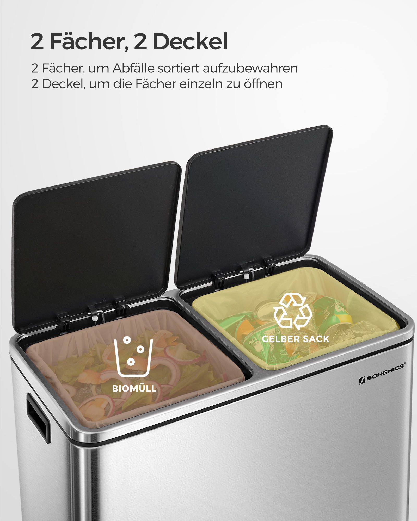 SONGMICS Mülleimer 2 Fächer, Mülltrennsystem, Treteimer, Abfalleimer Küche, 15 Müllsäcke, 2x30L, Inneneimer aus Kunststoff, Klappdeckel, Softclose, luftdicht