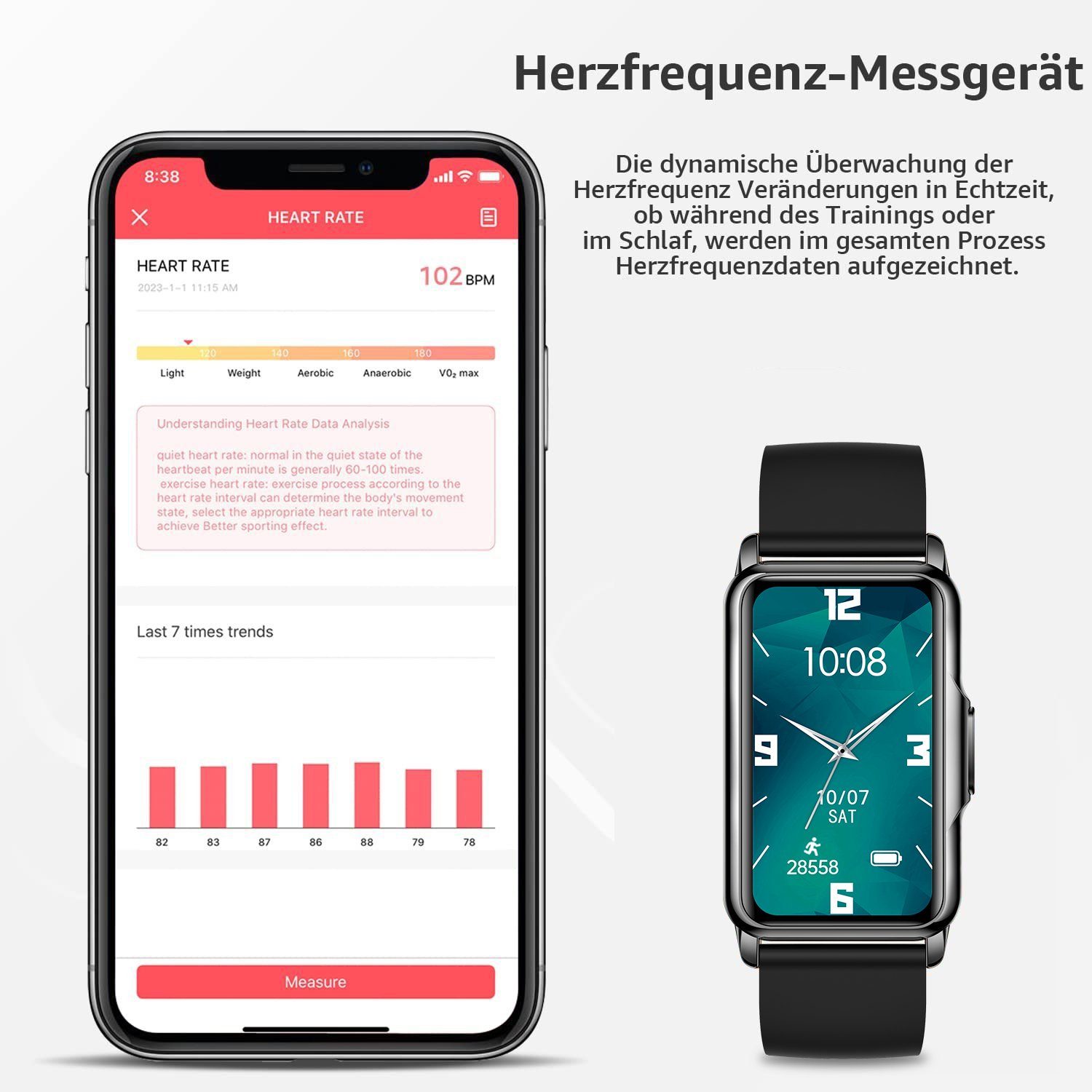 iOS Zoll, Fitness Damen Smartwatch (3,73 Schwarz+Blau Fitness Tracker, Gesundheitsfunktionen cm/1,47 Watch, Smartwatch Smart Android Haiaveng Damen und cm), Uhr,