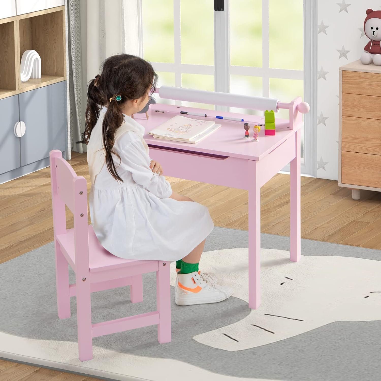 KOMFOTTEU Kindertisch mit Stuhl, aufklappbare Kindersitzgruppe, günstig online kaufen