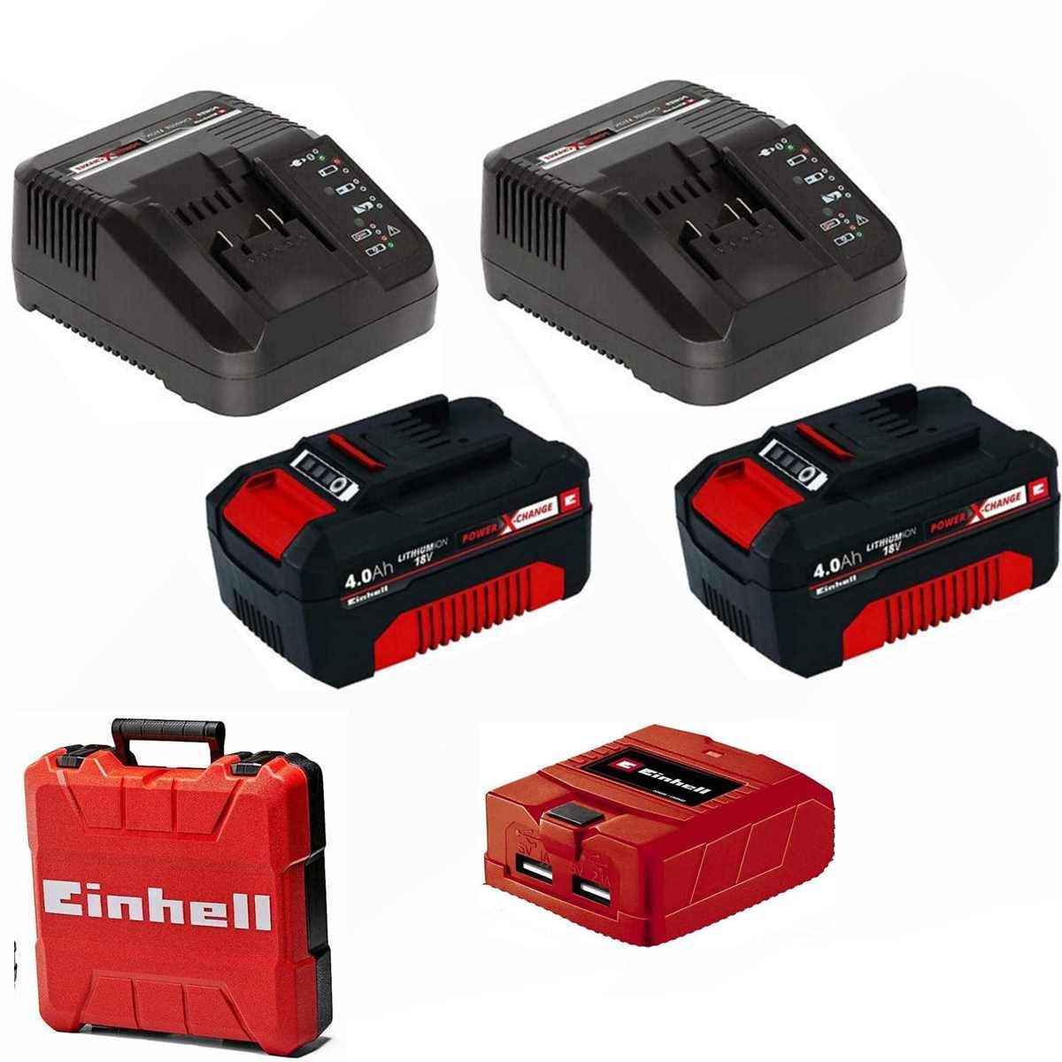 Einhell 2 x 4,0 Ah Akku + 2 x Ladegerät Power X-Change,18V + Koffer + USB Akku Starter-Set (4 St)