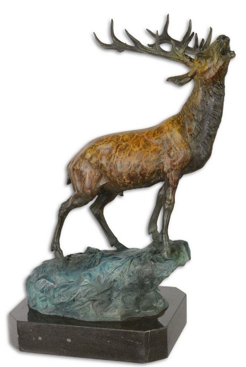 Casa Padrino Dekofigur Luxus Bronzefigur Hirsch auf Felsen Bronze / Blau / Schwarz 26,3 x 18,3 x H. 37,8 cm - Bronze Skulptur mit Marmorsockel