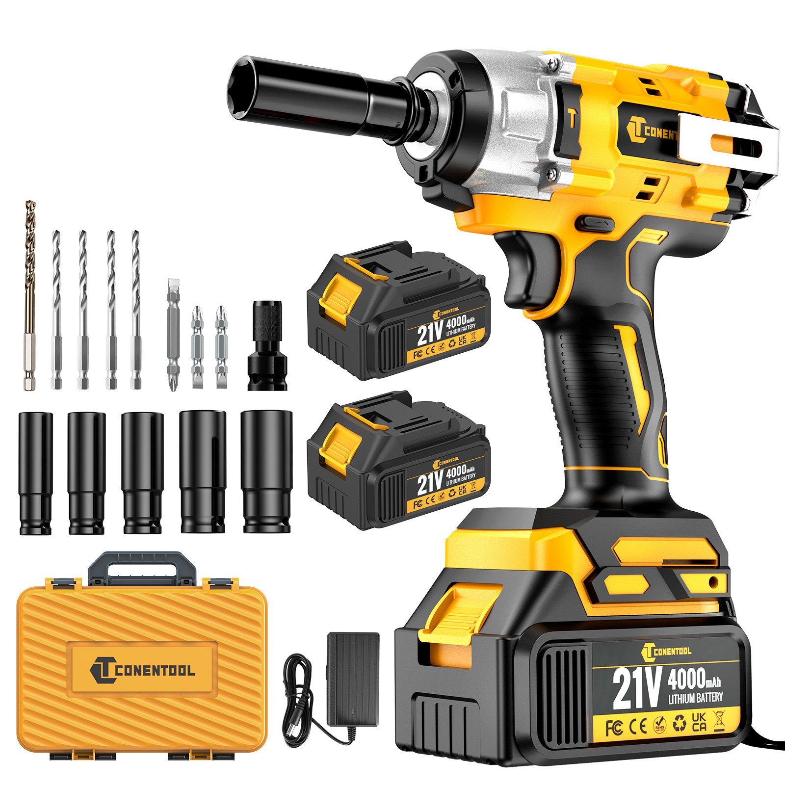 CONENTOOL Akku-Schlagschrauber 500 Nm, Bürstenloser Motor, 2x 4000 mAh Akku, 1/2" Vierkant, 2500 U/min, 500 Nm, (Set, 14-tlg., 5 Stecknüsse (17/18/21/22/24 mm), 5 Bohrer, 3 Bits, Adapter), Elektro-Schlagschrauber & Schlagbohrer 2-in-1