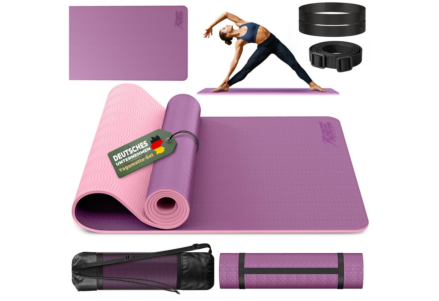 RE:SPORT Gymnastikmatte 183 x 61 x 0,6 cm mit Tragetasche Yogamatte TPE Fitnessmatte (rutschfest), Trainingsmatte mit Tragegurt Fitness Gymnastik Pilates Workout