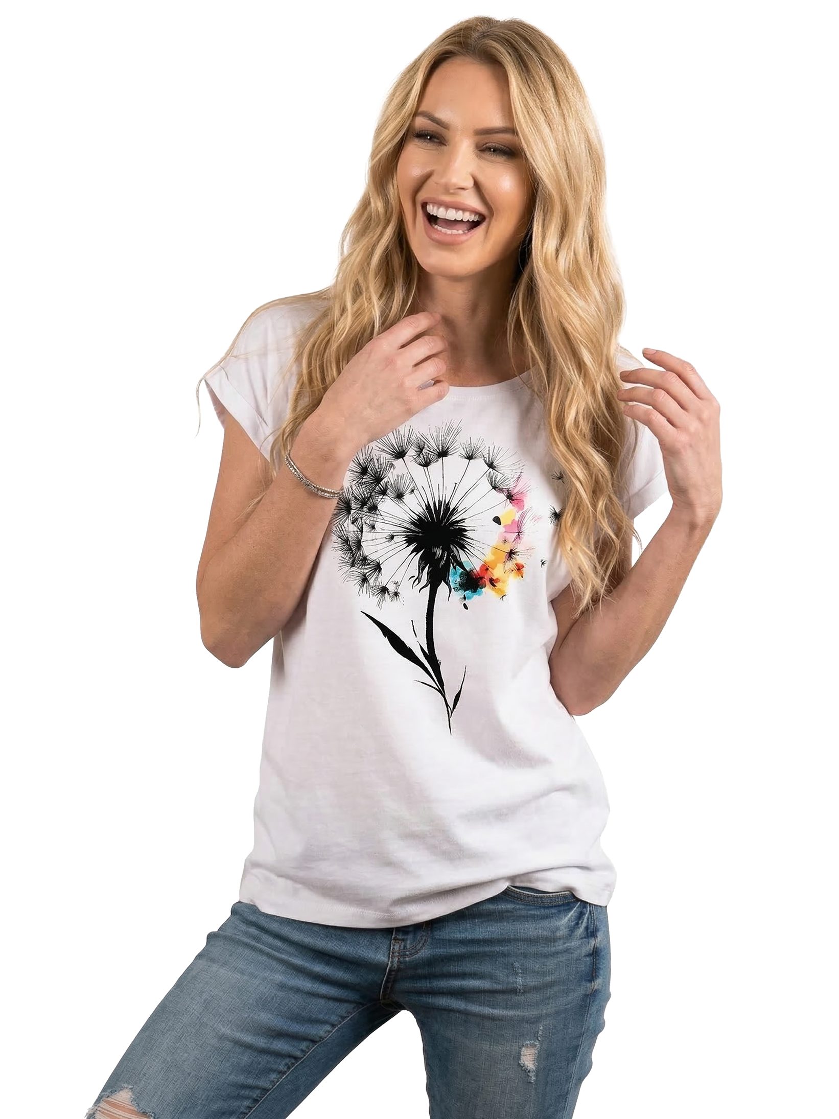 MAKAYA T-Shirt Damen-Top mit Pusteblumen-Print – florales Sommer-Shirt aus Baumwolle (Weiß, Rosa, Hellgrau, 34, 36, 38, 40, 42, 44, 46, 48, 50) Baumwolle
