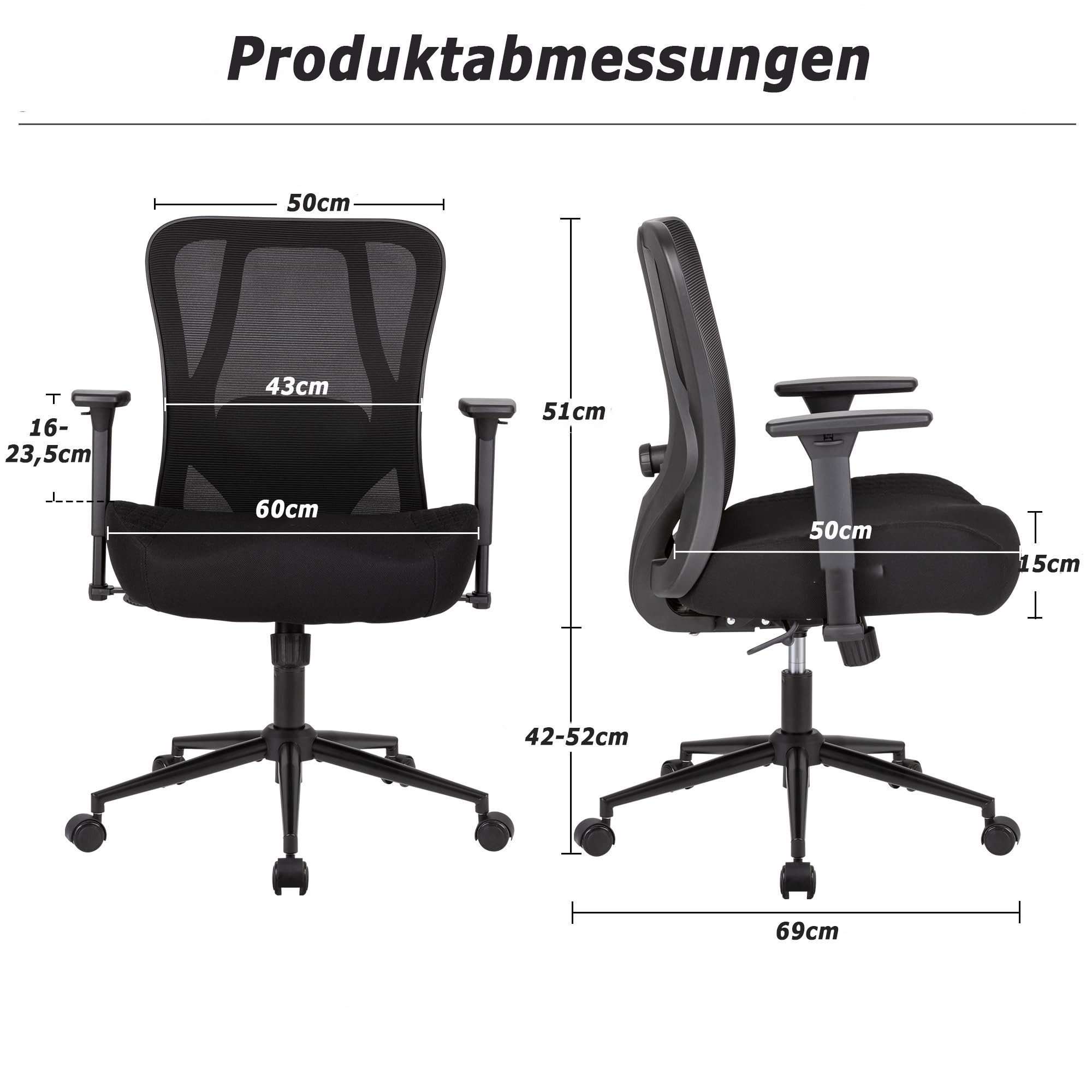 UEV Bürostuhl 230kg belastbarkeit ergonomisch, Schreibstuhl Mesh (verstellbare Armlehnen /atmungsaktiv Stoff /15cm dickem Sitzkissen), Chefsessel mit Wippfunkti – Bild 5 von 5