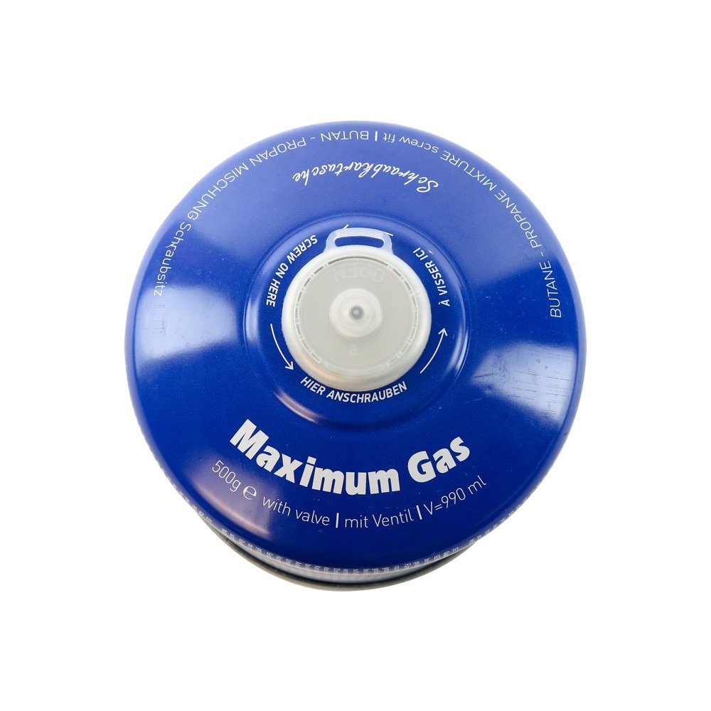 MaXimum Gaskartusche 1 x 500g Schraubkartusche: Sicher, vielseitig & einfach im Gebrauch, Zubehör für Gasgrill, Gaskocher, Campingkocher, Gaskühlschrank, Gaskühlbox, Lötpistole, Lötbrenner, sowie Bunsenbrenner und andere Geräte mit Bajonett-Anschluss, 1 St., 500Gramm Einweg