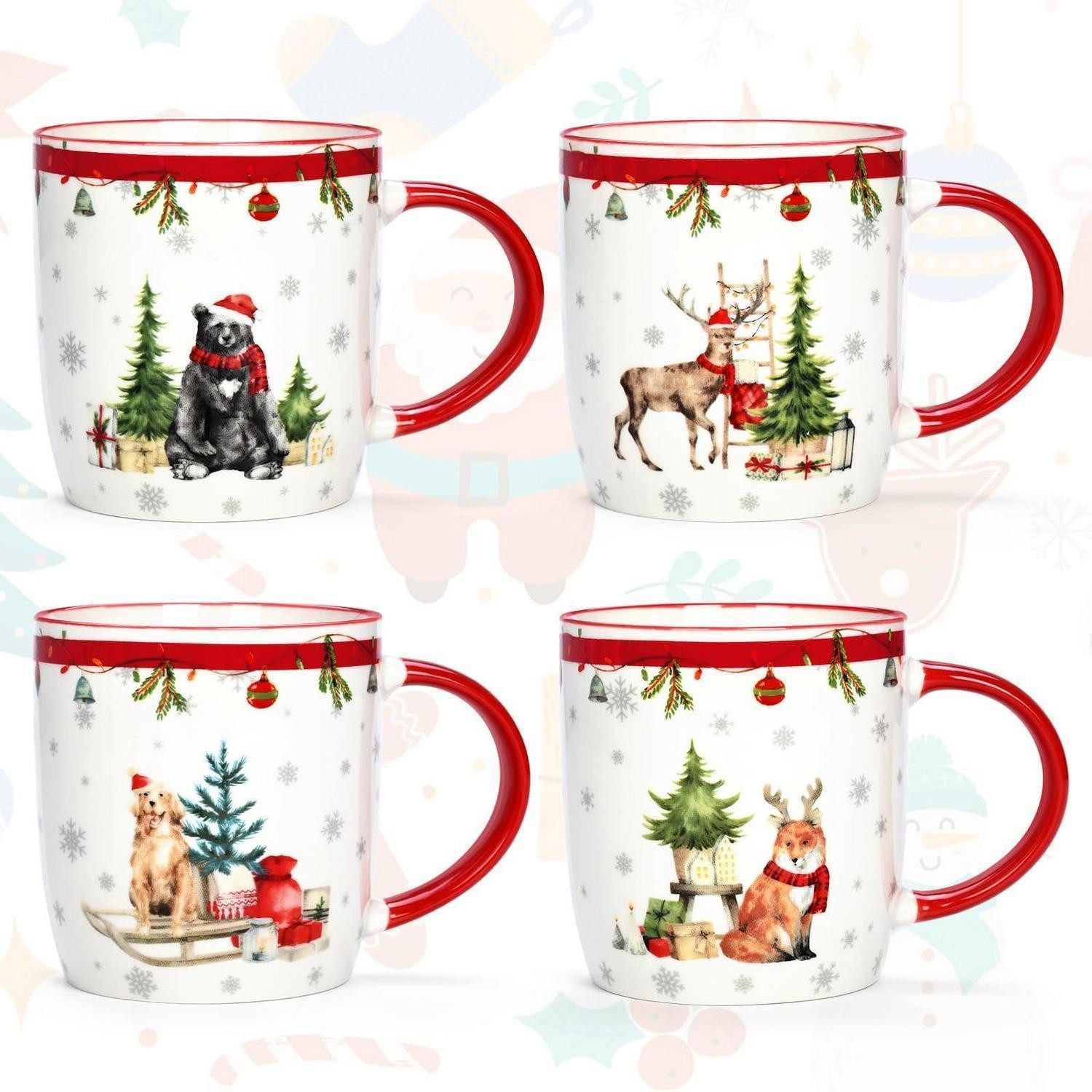 LuxusKollektion Tasse Weihnachtstasse 4er Set 310ml Rot-weiss, 4-tlg., Keramik