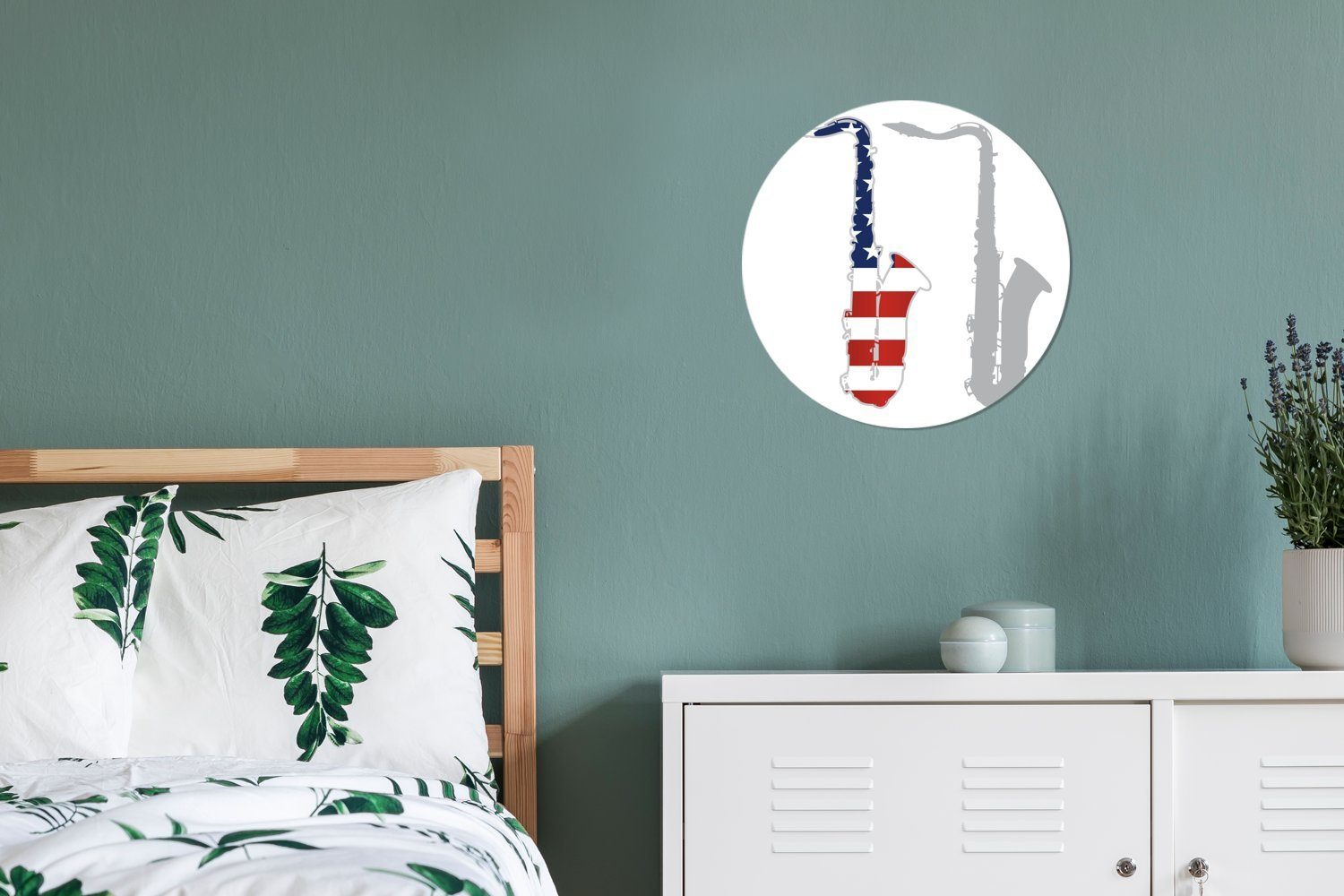 Tapetenaufkleber, amerikanischen Wohnzimmer eines für Illustration Kinderzimmer, Flagge Tapetenkreis Saxophons St), mit der MuchoWow (1 Rund, Wandsticker