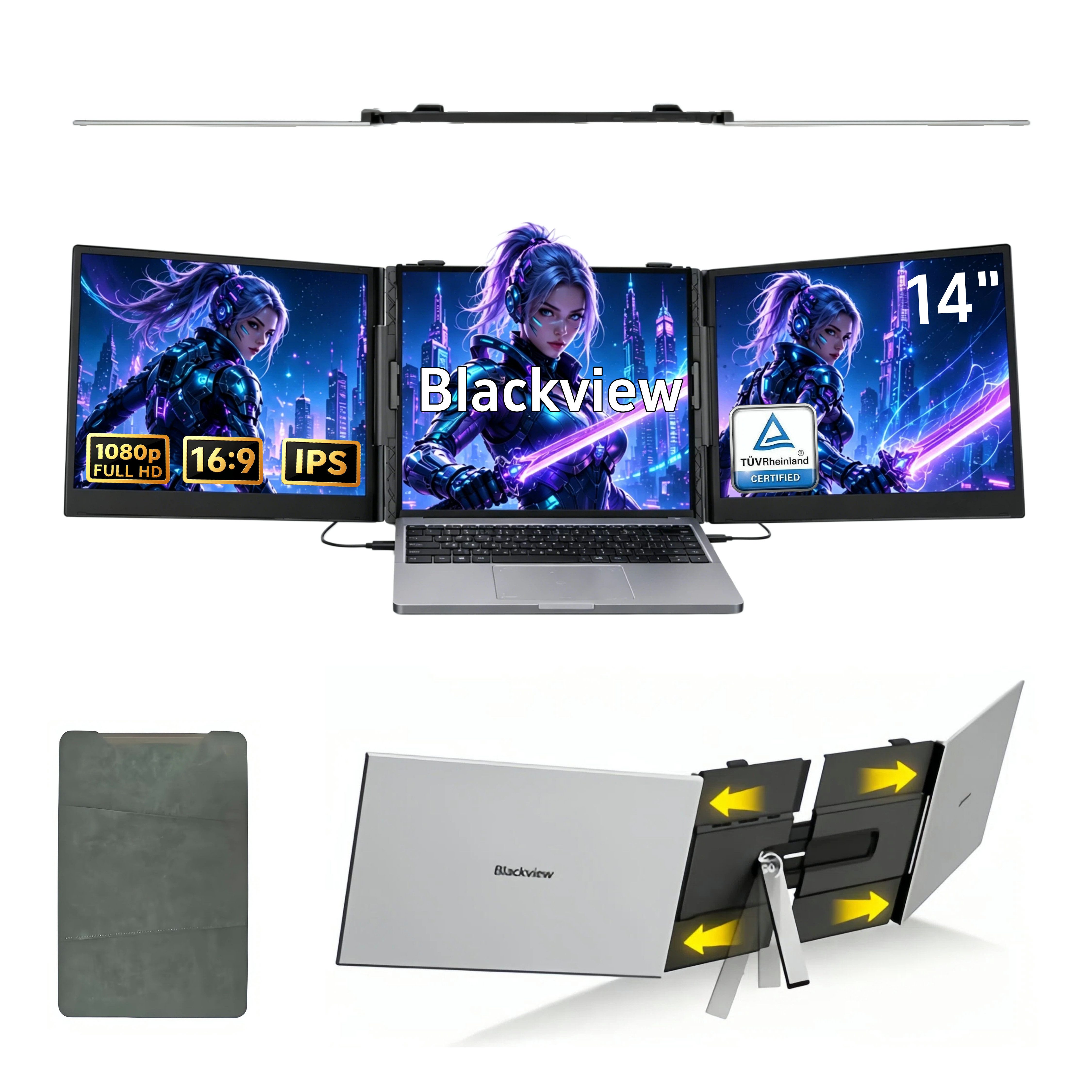 blackview Dual-Screen-Laptop PRO-Bildschirm-Extender Ultra-dünne Gaming Monitor Portabler Monitor (180° Monitor, Für 13"-17" Laptops- Nur ein Kabel für Video & Strom)