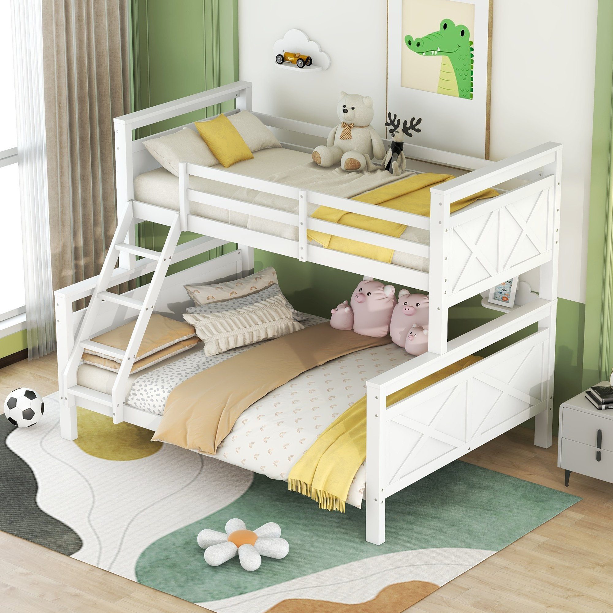 Flieks Etagenbett, Kinderbett mit Leiter und Lattenrost 90x200cm+140x200cm Kiefer weiß