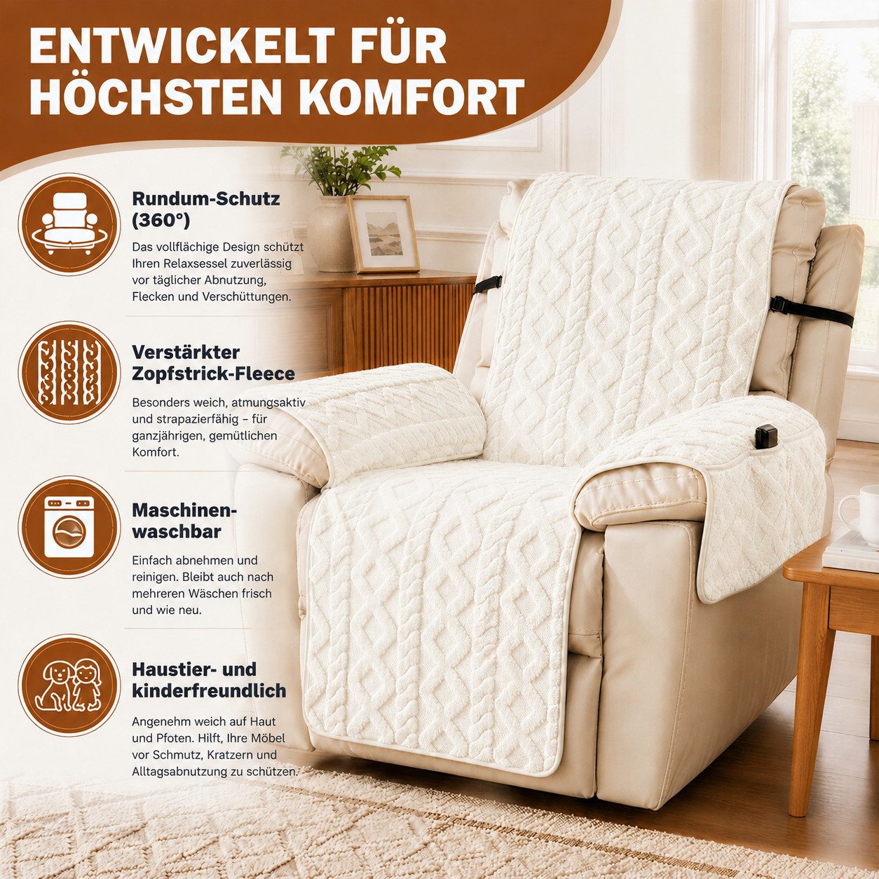 BlingBin Sesselschoner Sofa Armlehnenbezüge für Relaxsessel, Sessel Überzug Rutschfest, Schonbezug Sessel Fernsehsessel mit Taschen,für Senioren Haustieren – Bild 2 von 5