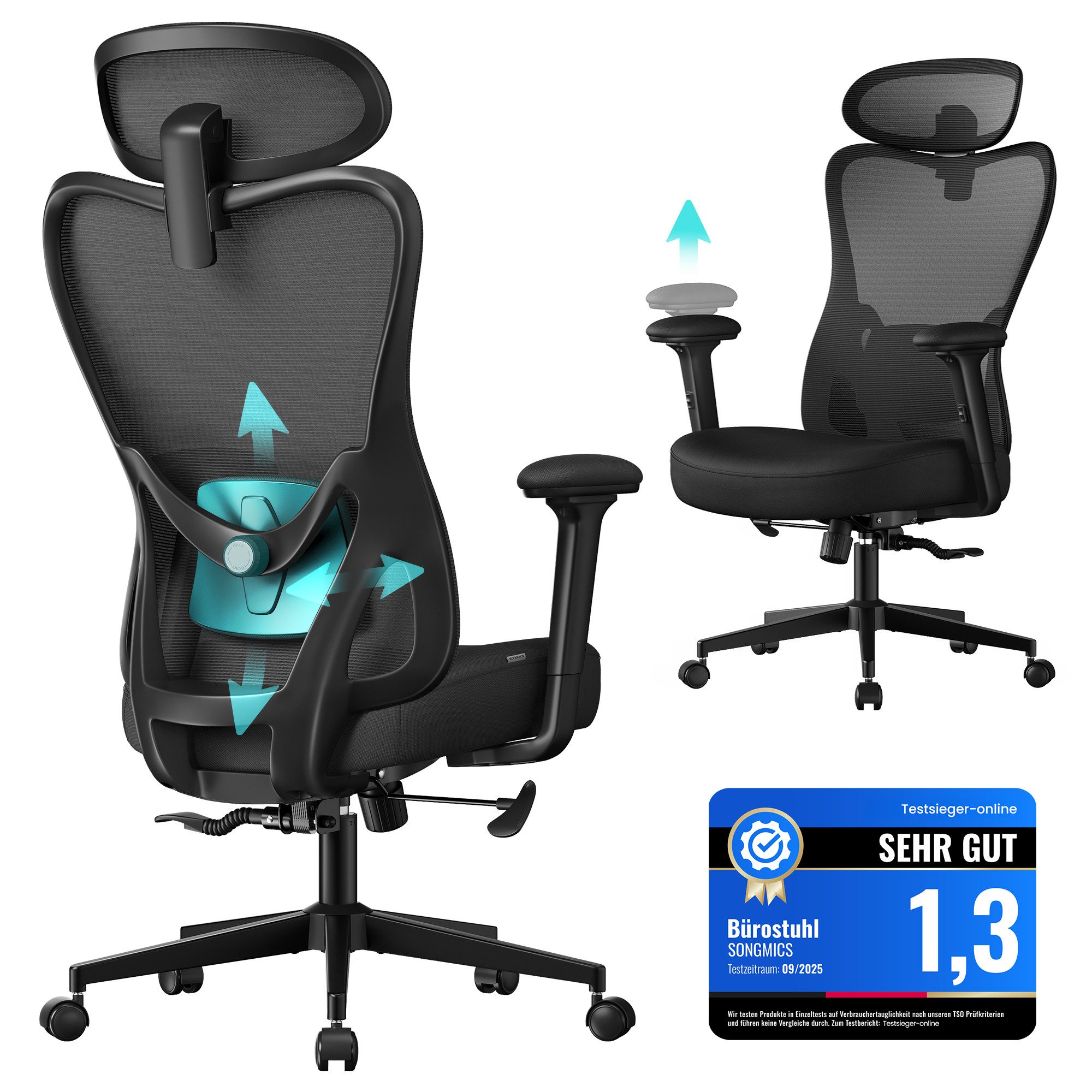 SONGMICS Bürostuhl, ergonomisch, Schreibtischstuhl, Computerstuhl, verstellbare Kopfstütze