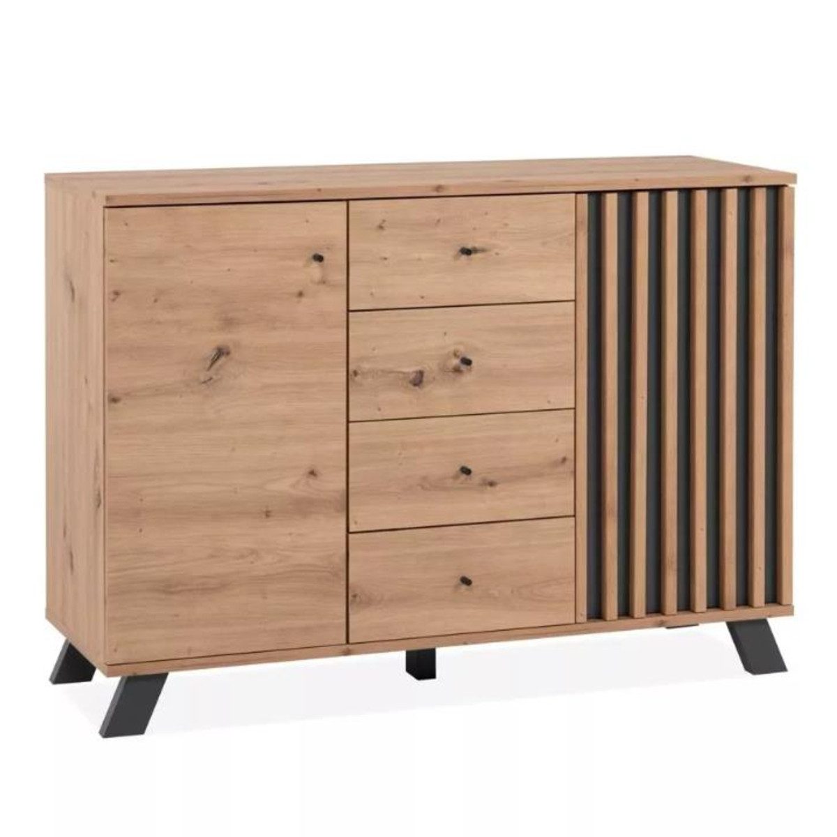 Liadomo Sideboard Fedan, mit 2 Türen und 2 Schubladen, Metallgriffe, Kommode, Lamellen-Front, Eichefarben, Breite 118 cm