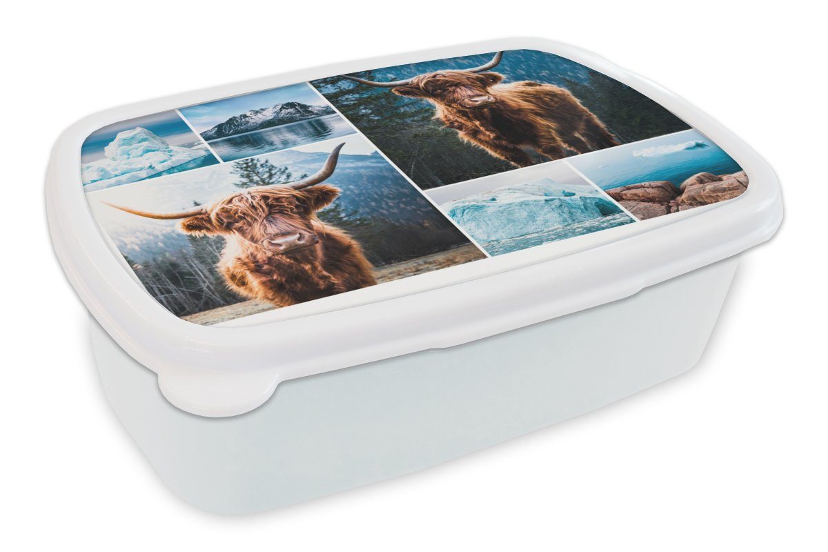 MuchoWow Lunchbox Schottischer Highlander - Collage - Winter, Kunststoff, (2-tlg), Brotbox für Kinder und Erwachsene, Brotdose, für Jungs und Mädchen weiß