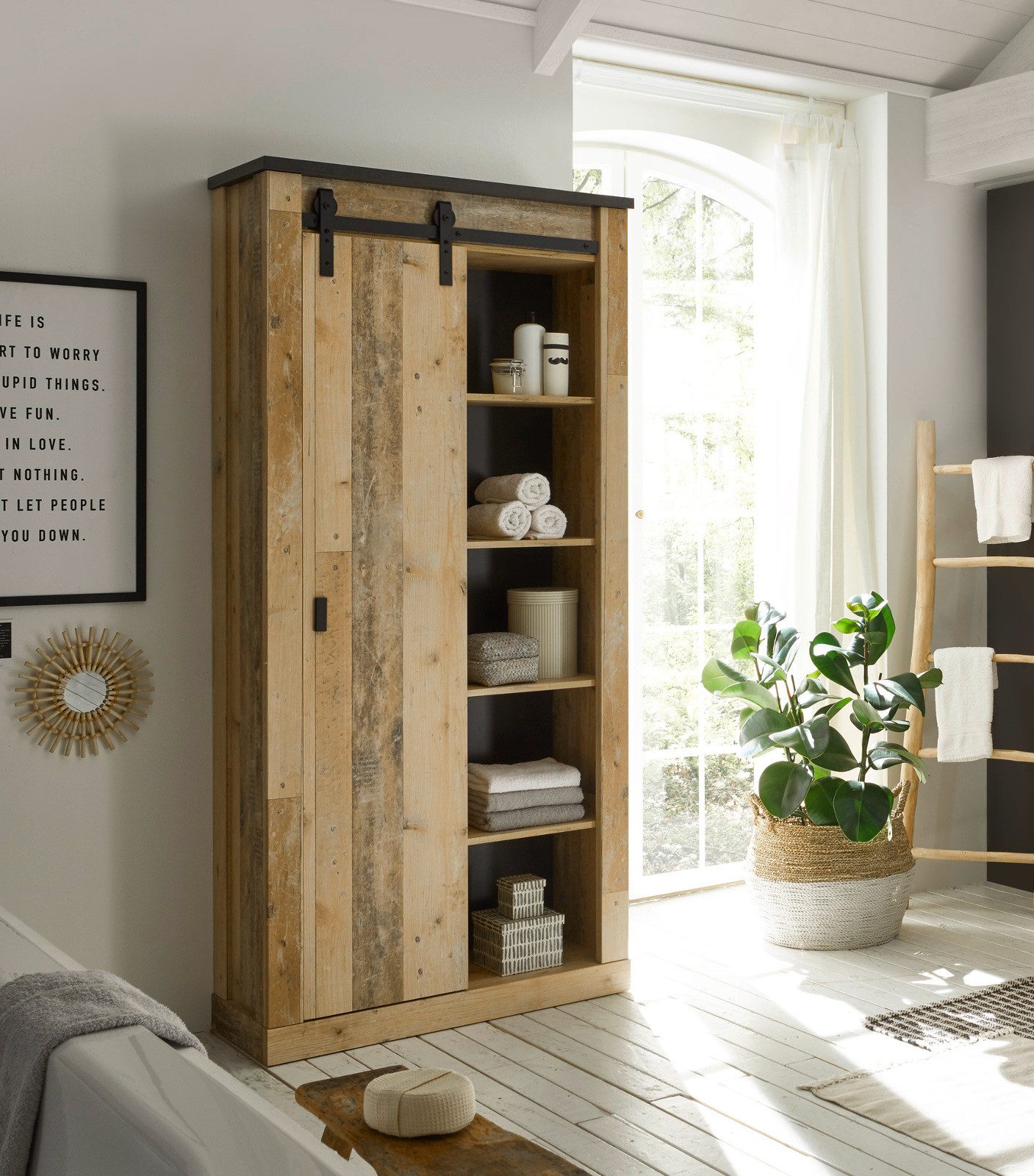 Furn.Design Hochschrank Stove (Badschrank Used Wood Design, 93 x 201 cm) mit Schiebetür
