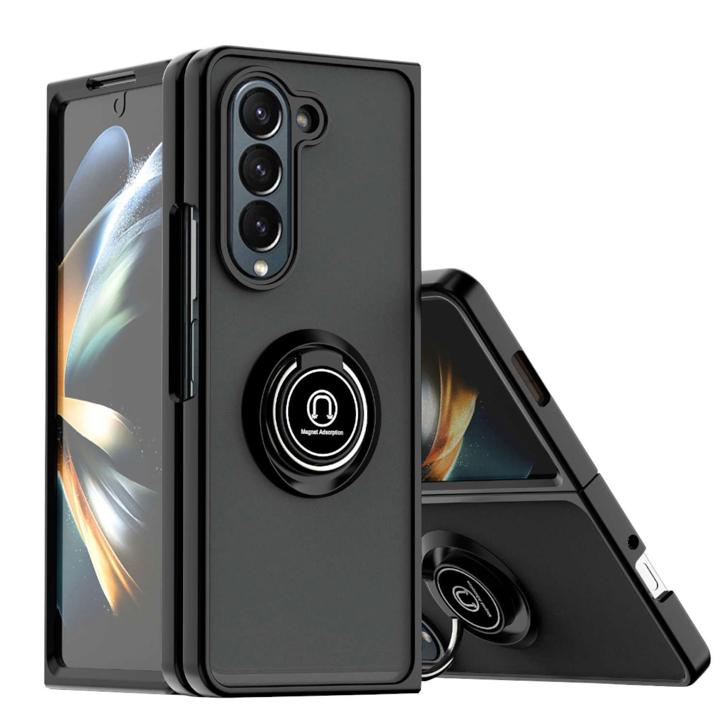 Wigento Handyhülle Für Samsung Galaxy Z Fold5 5G Ring Magnet Handy Tasche Hülle Schwarz
