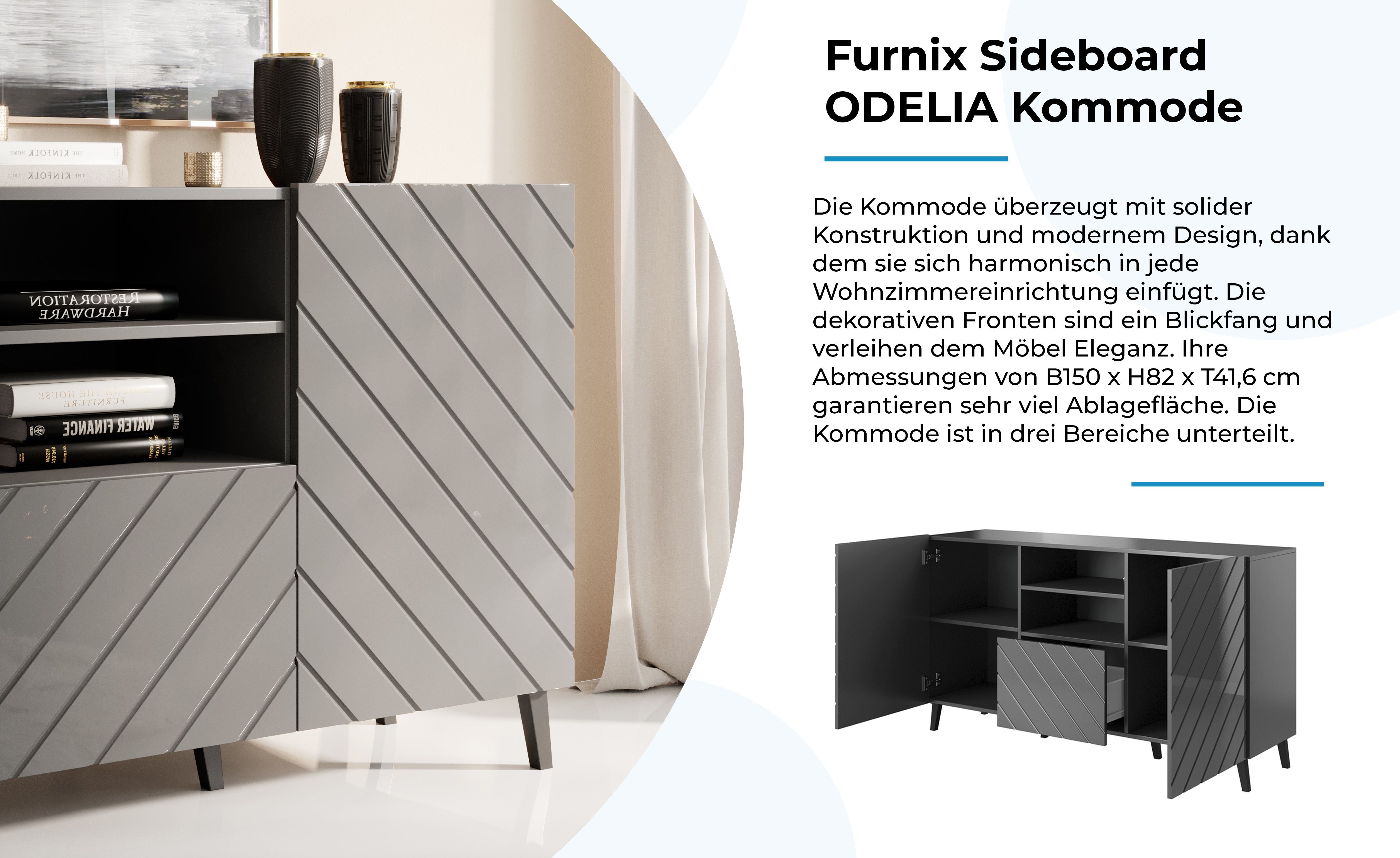 Furnix Sideboard ODELIA Graphit B150 cm x Ziertüren/Metallgestell H82 Hochglanz, T41,6 Kommode Schublade und x Glanz mit