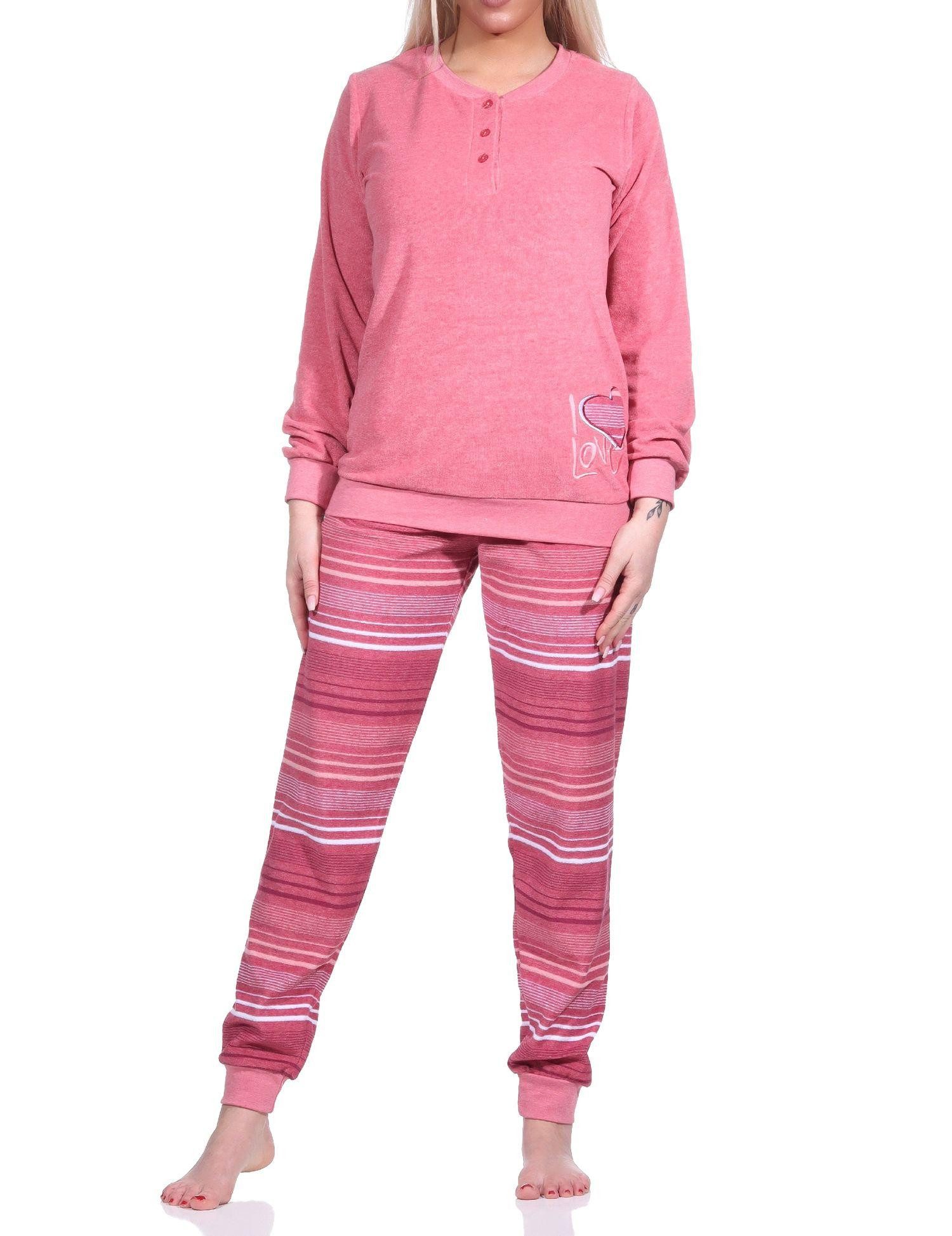 Pyjama Damen Frottee Schlafanzug langarm mit Bündchen Hose gestreift