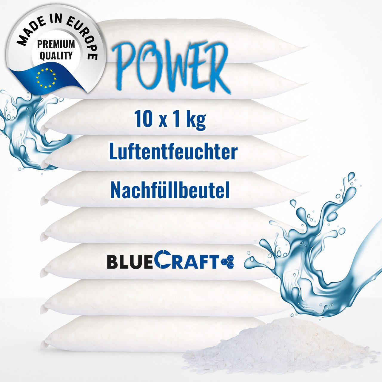 BlueCraft Luftentfeuchter-Nachfüllpack 10x 1kg Raum Entfeuchter Granulat im Vliesbeutel ohne Strom Nachfüller, Schlafzimmer Wohnung Nachfüllbeutel Feuchtigkeitskiller gegen Schimmel